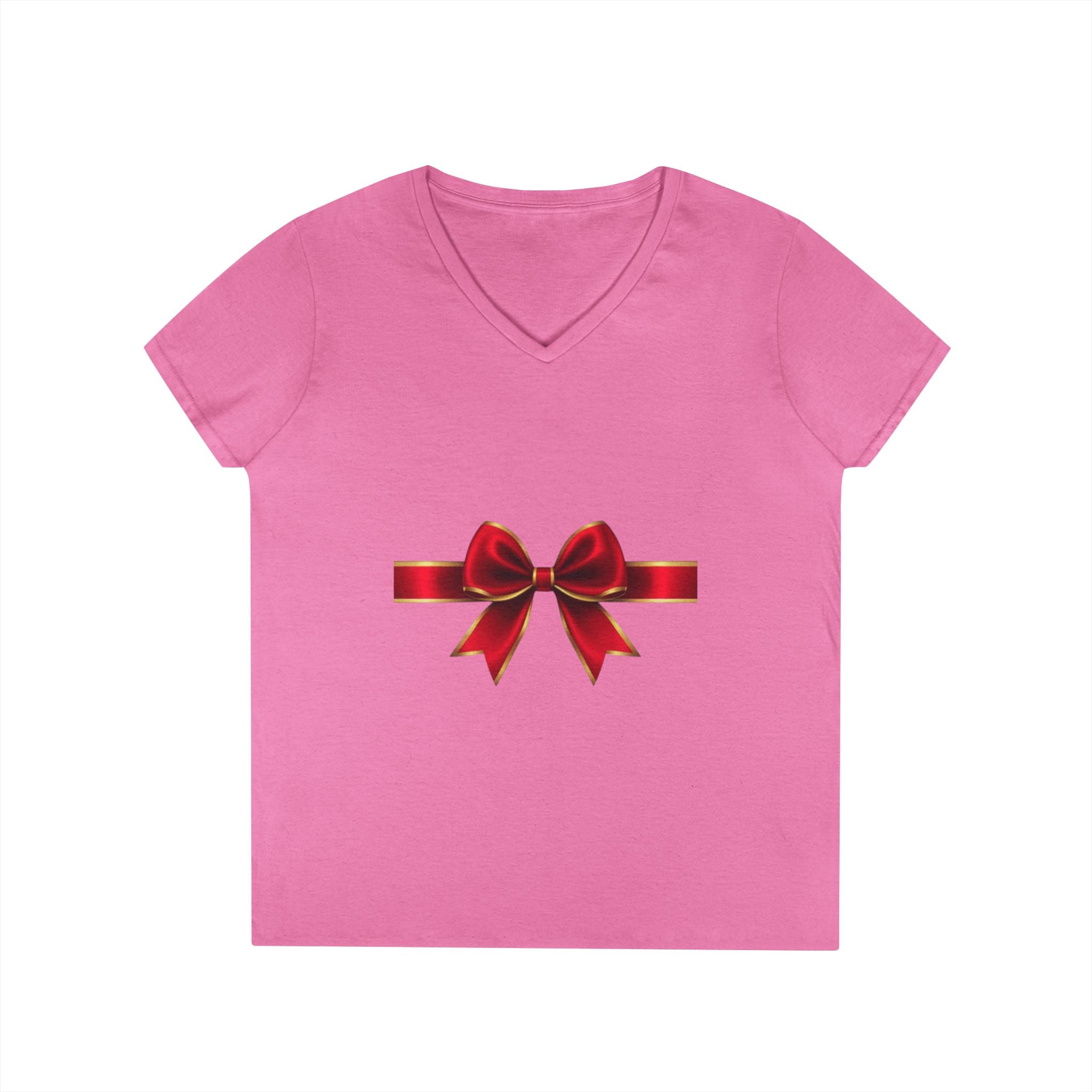 Women's V-Neck T-Shirt with Red Ribbon Bow Graphic — Gift-Ready Holiday Tee
