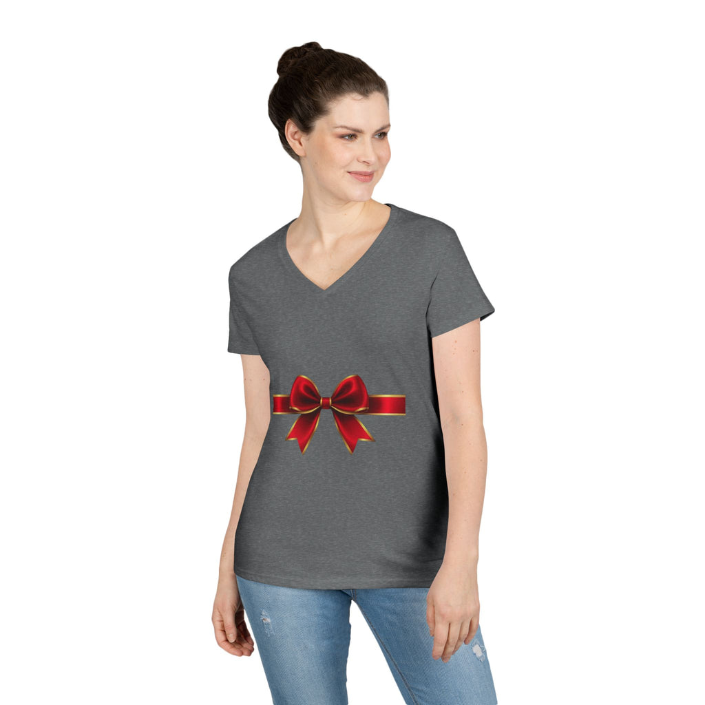 Women's V-Neck T-Shirt with Red Ribbon Bow Graphic — Gift-Ready Holiday Tee