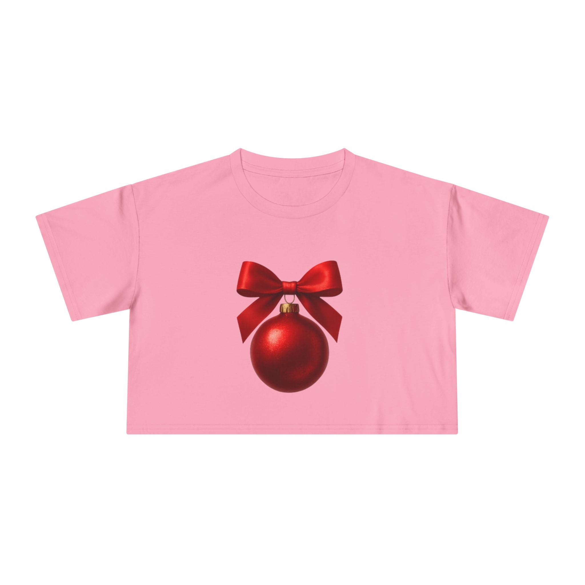 Christmas Ornament Crop Tee — Red Bow Holiday Graphic Top