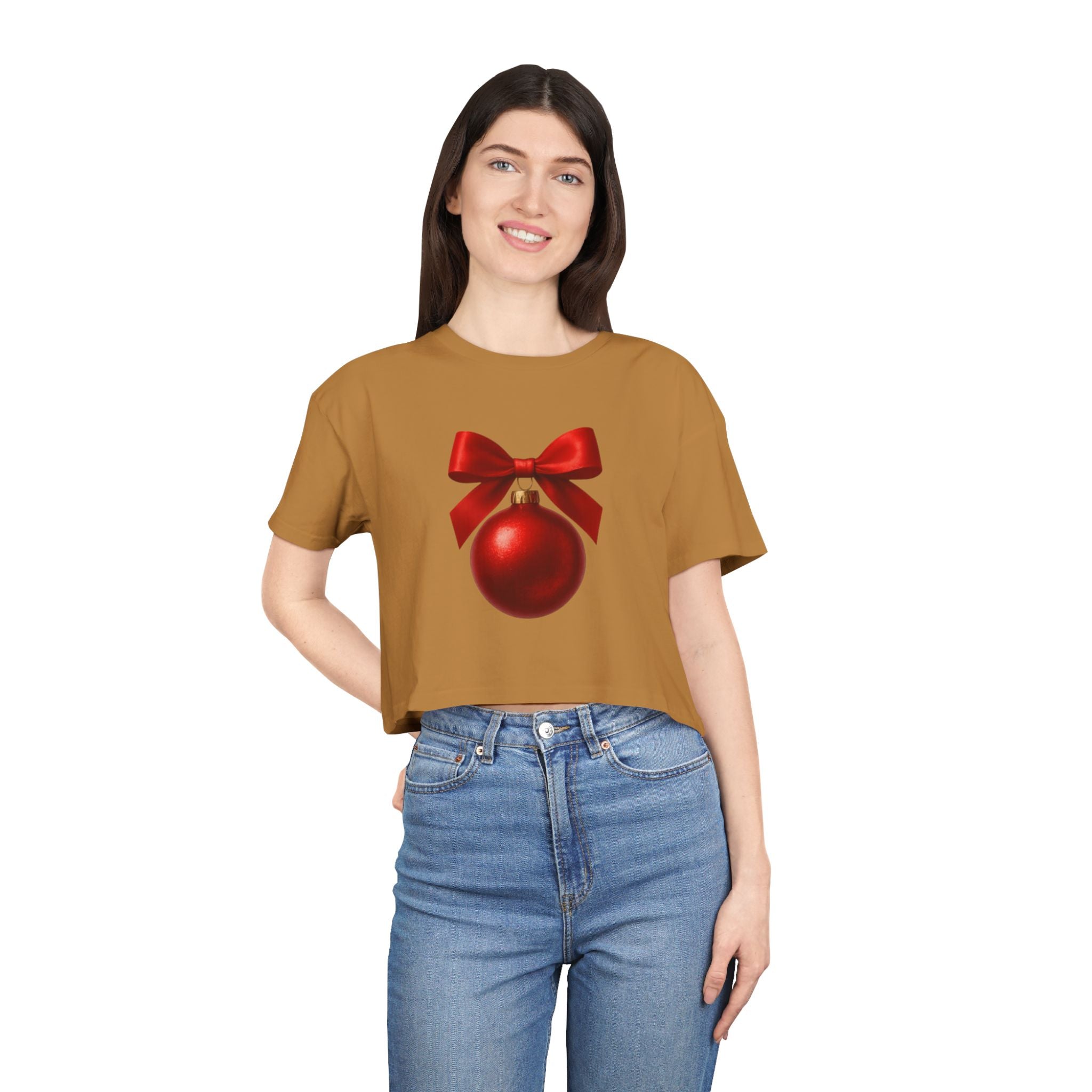 Christmas Ornament Crop Tee — Red Bow Holiday Graphic Top