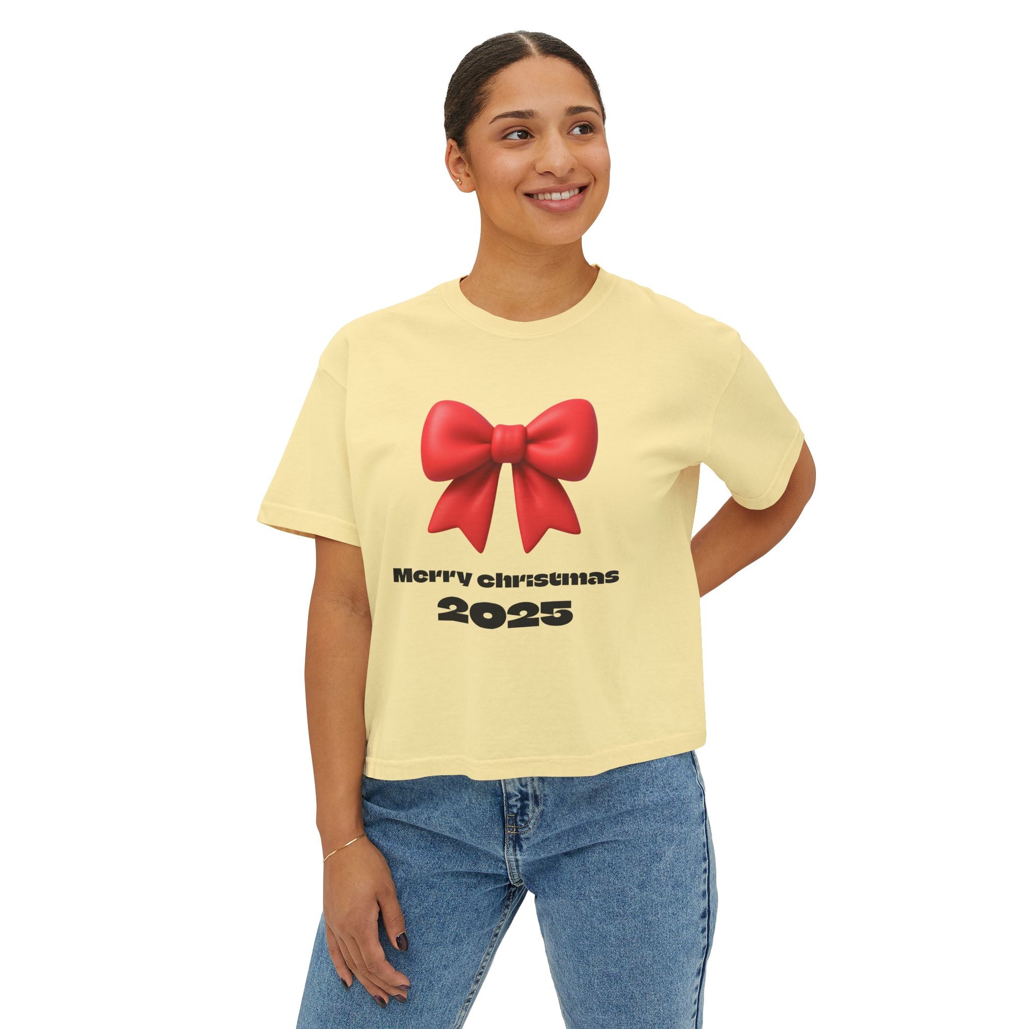 Women's Boxy Tee — Merry Christmas 2025 Red Bow Holiday Shirt