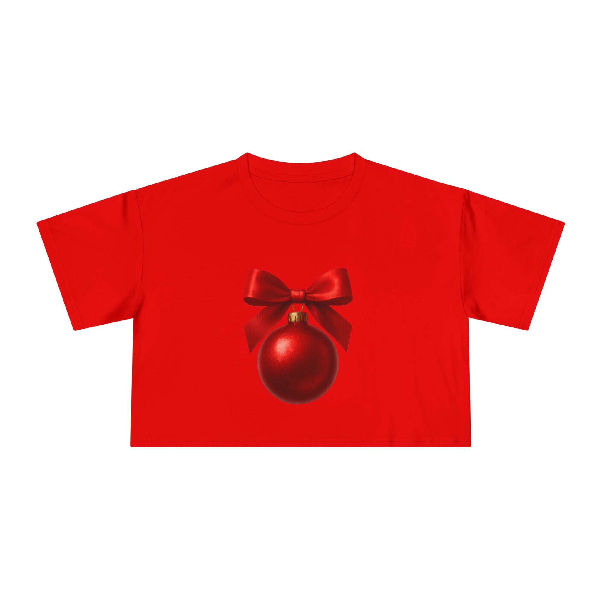 Christmas Ornament Crop Tee — Red Bow Holiday Graphic Top