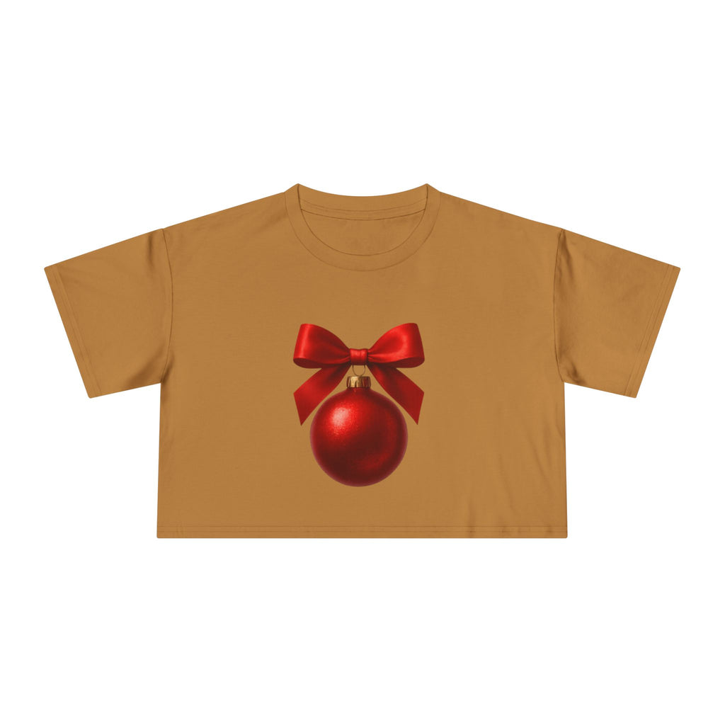 Christmas Ornament Crop Tee — Red Bow Holiday Graphic Top