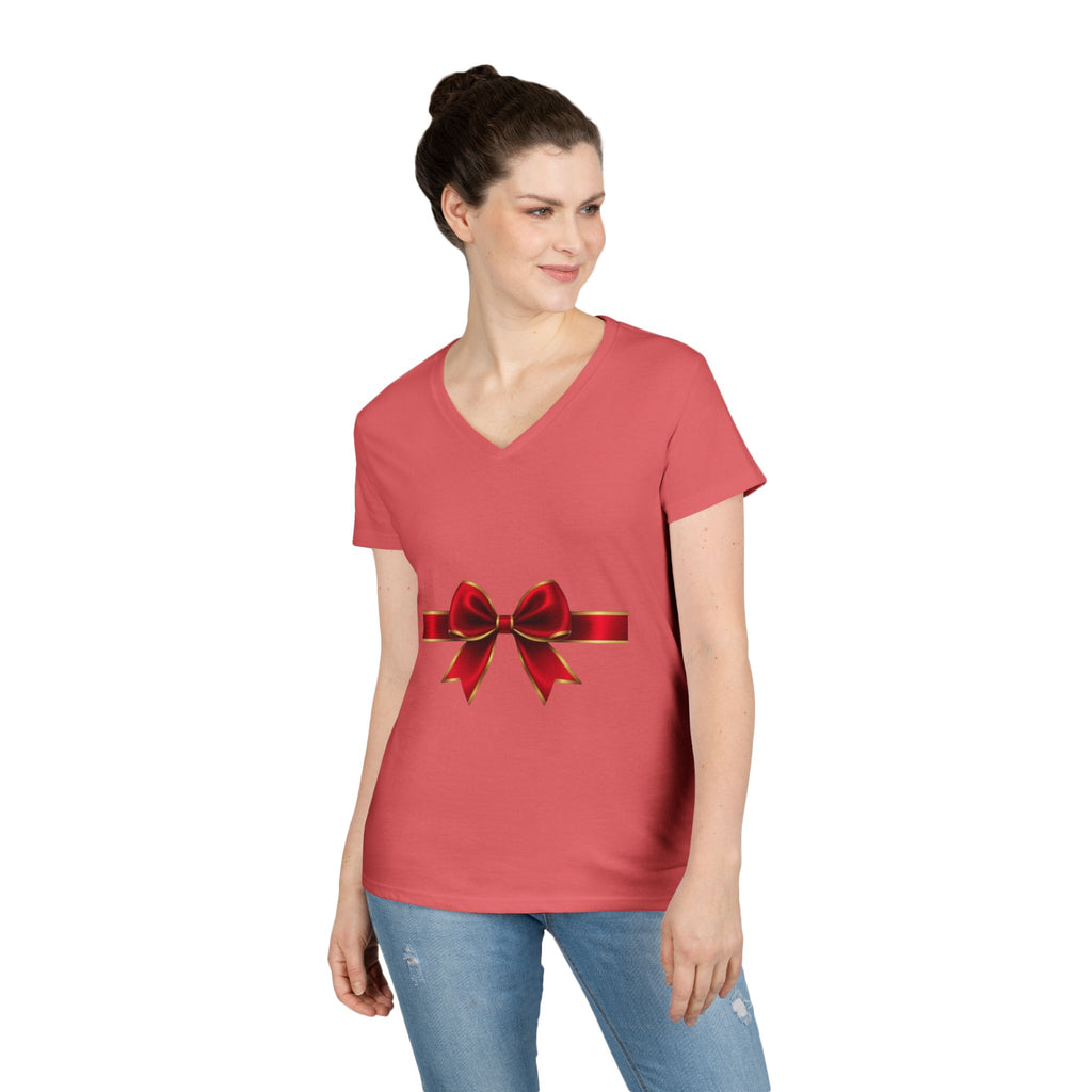 Women's V-Neck T-Shirt with Red Ribbon Bow Graphic — Gift-Ready Holiday Tee