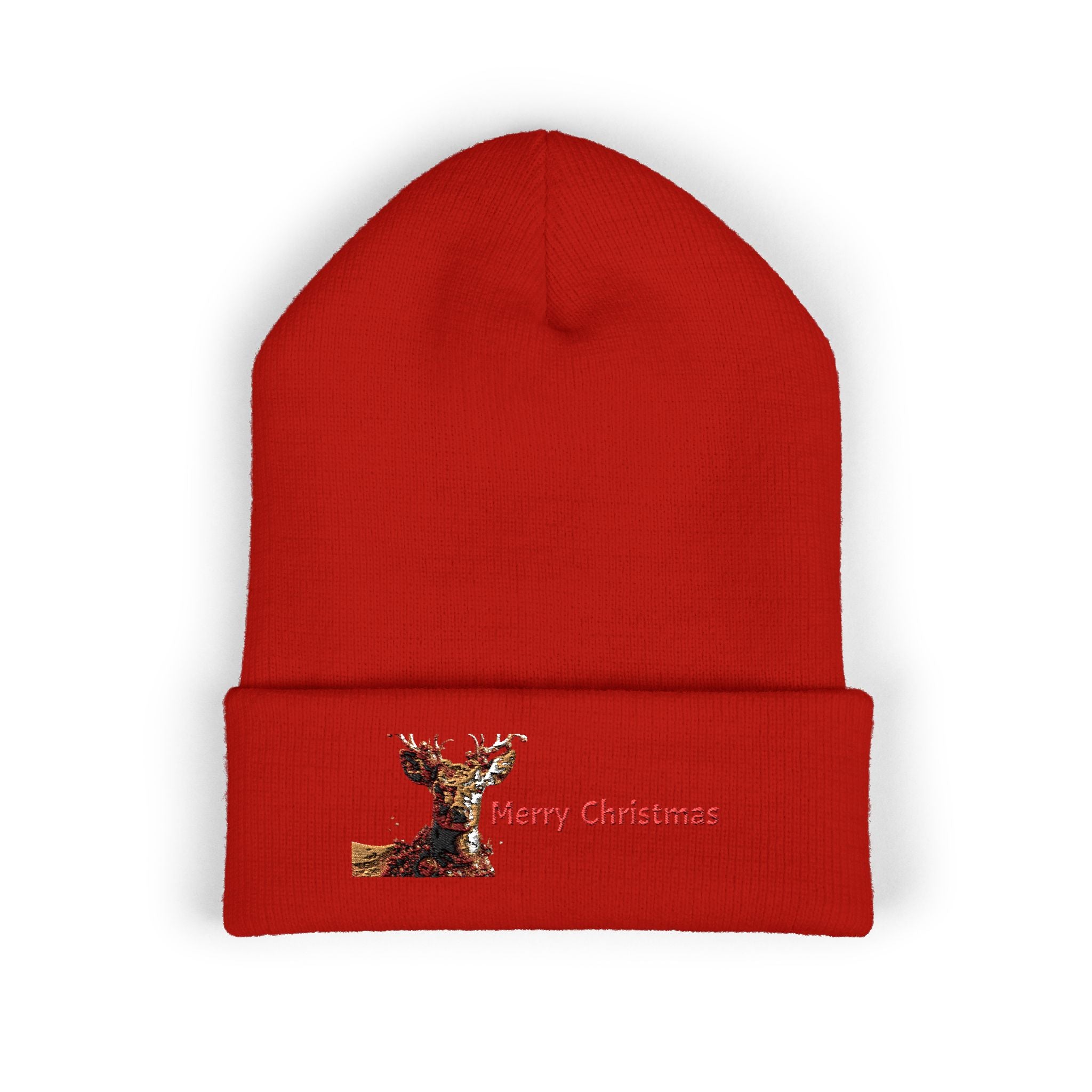 Embroidered Reindeer 'Merry Christmas' Cuffed Beanie