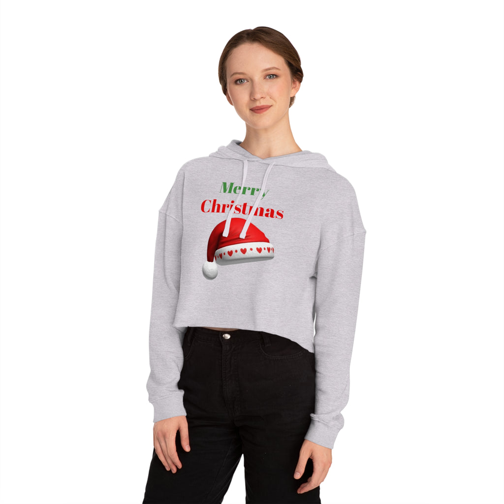 Merry Christmas Cropped Hoodie — Festive Santa Hat Holiday Sweatshirt for Women