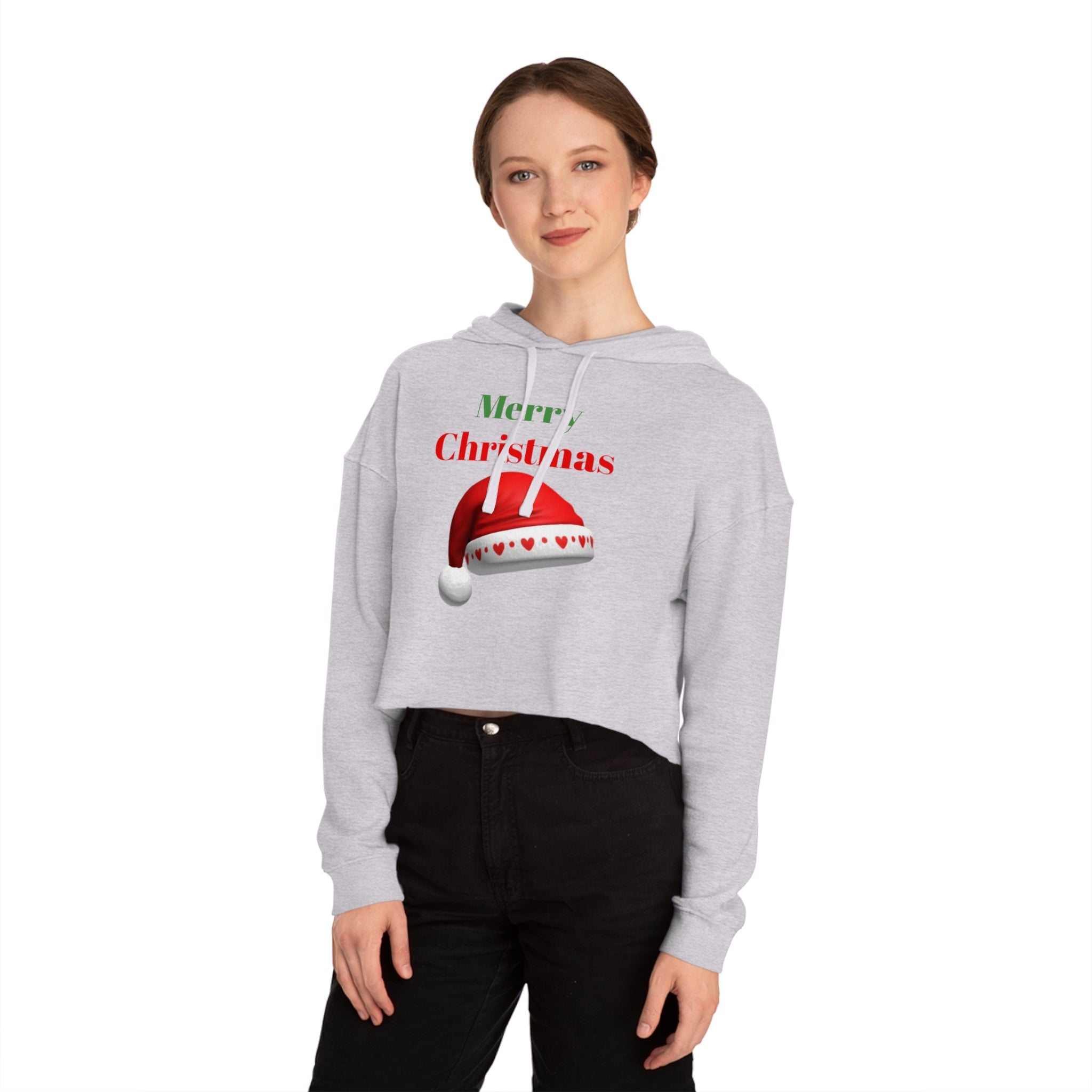 Merry Christmas Cropped Hoodie — Festive Santa Hat Holiday Sweatshirt for Women