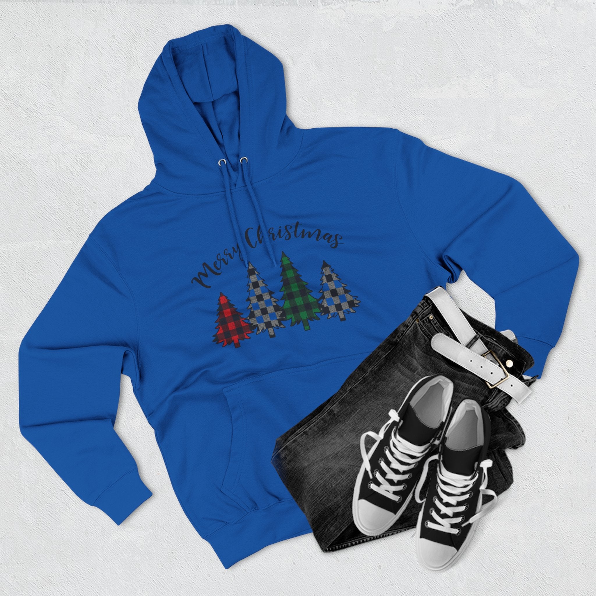 Merry & Bright Christmas Trees Hoodie — Minimal Holiday Fleece Pullover