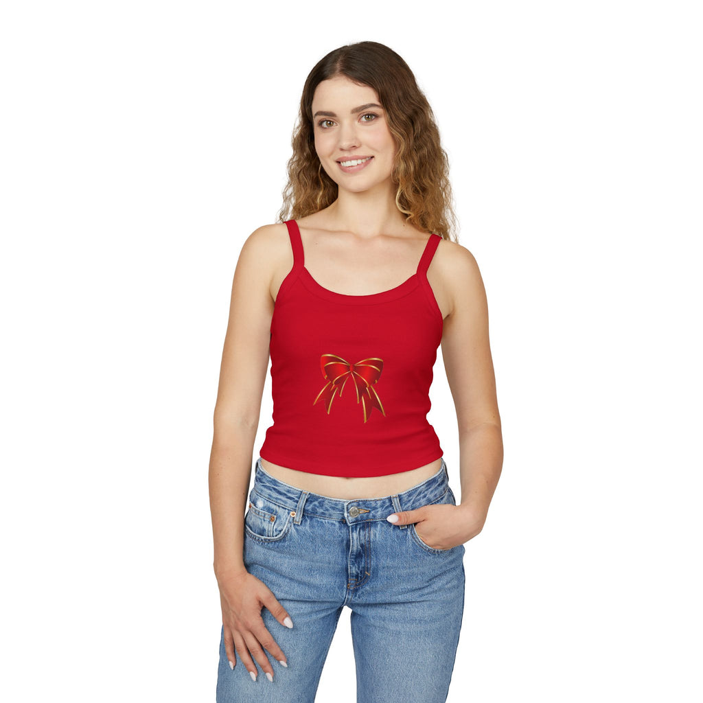 Spaghetti Tank Top — Red Holiday Bow Crop Top