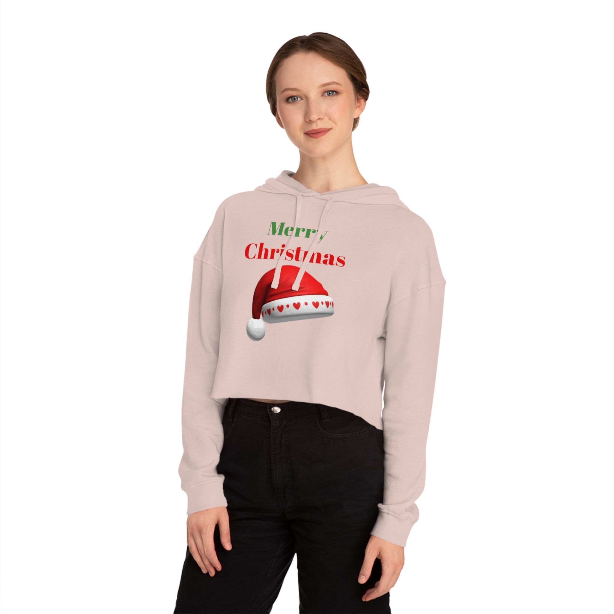 Merry Christmas Cropped Hoodie — Festive Santa Hat Holiday Sweatshirt for Women