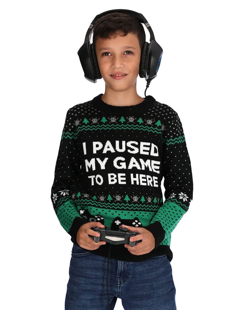 Tstars I Paused My Game to Be Here Kids Christmas Sweater - Funny Gamer Holiday Sweatshirt for Boys & Youth Gamers