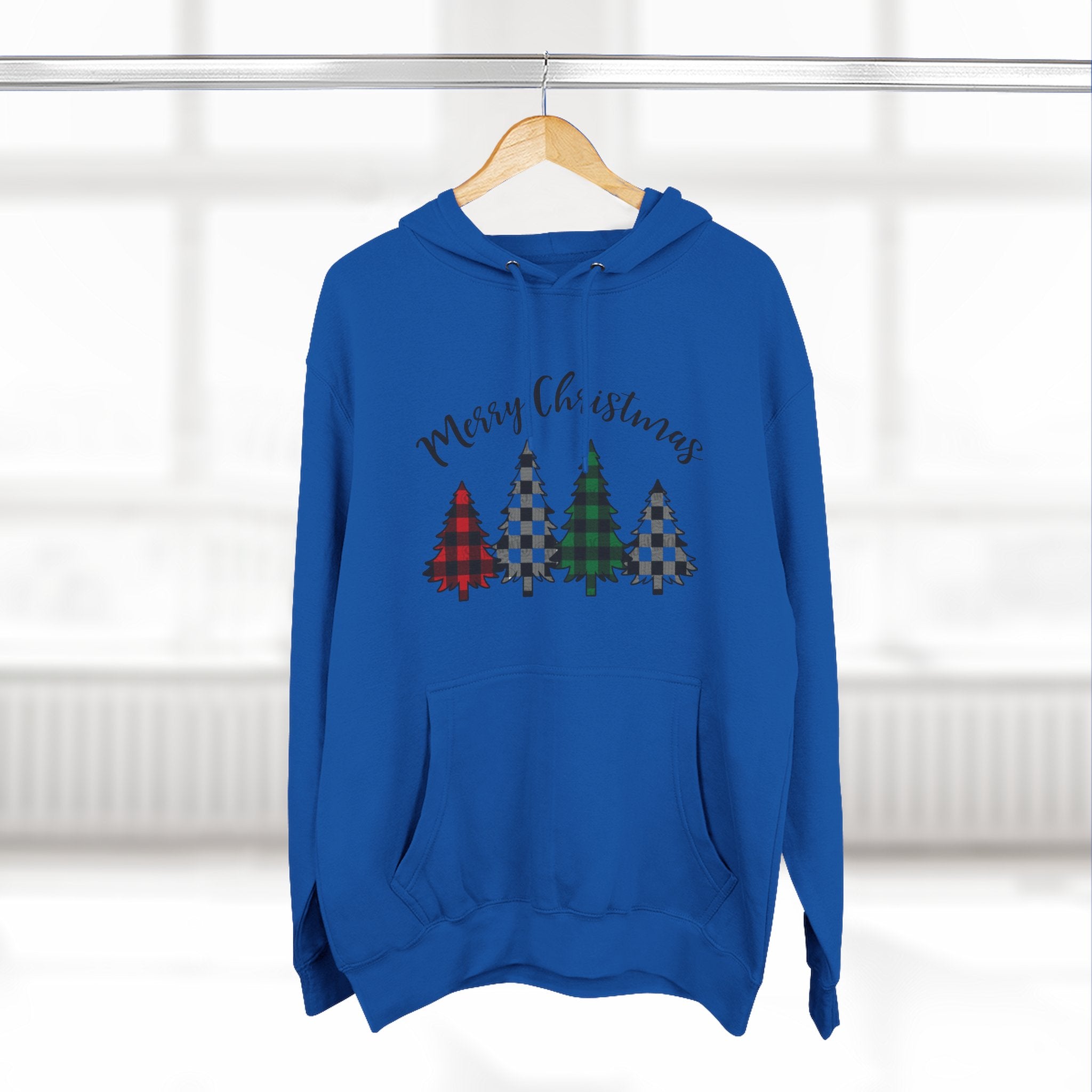 Merry & Bright Christmas Trees Hoodie — Minimal Holiday Fleece Pullover