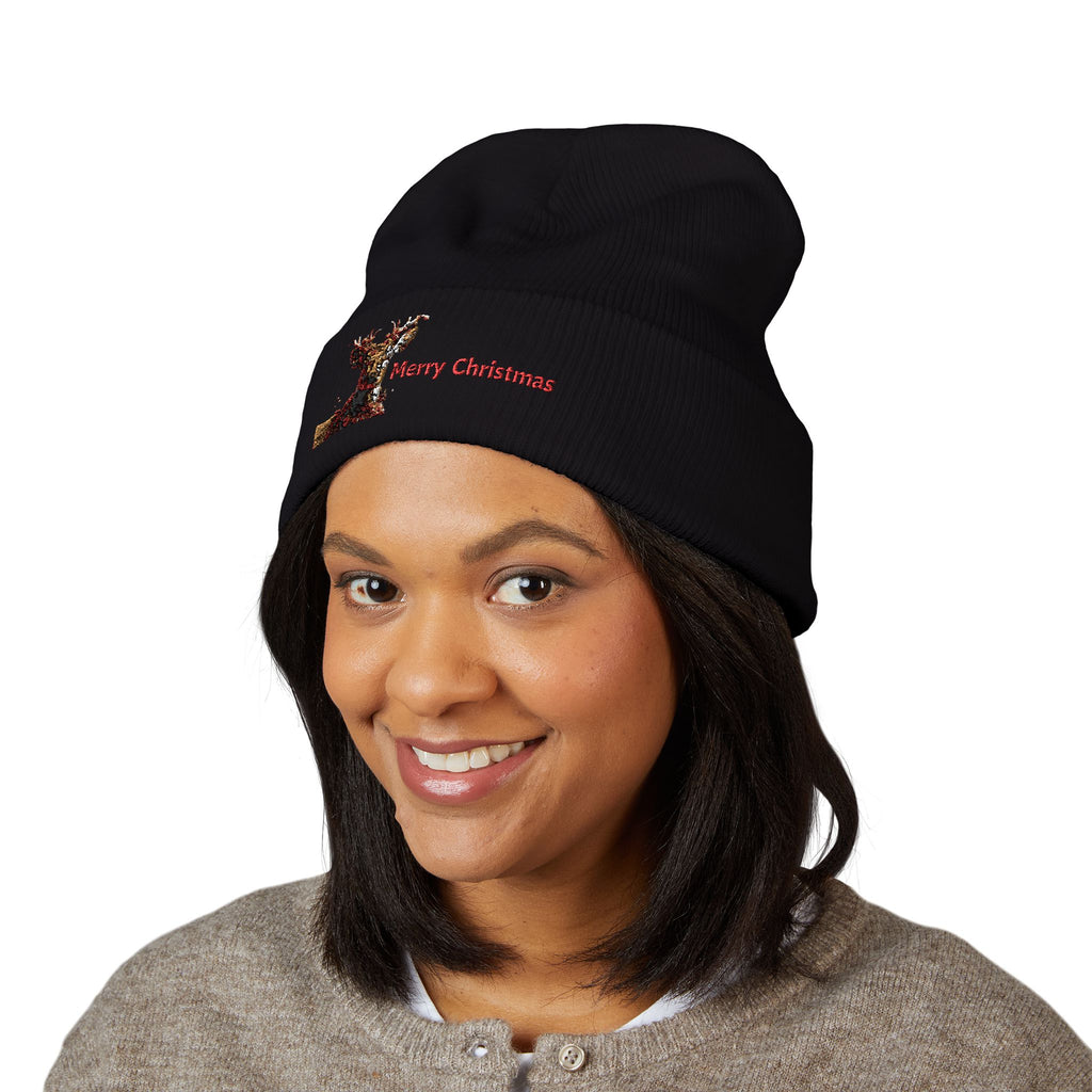 Embroidered Reindeer 'Merry Christmas' Cuffed Beanie