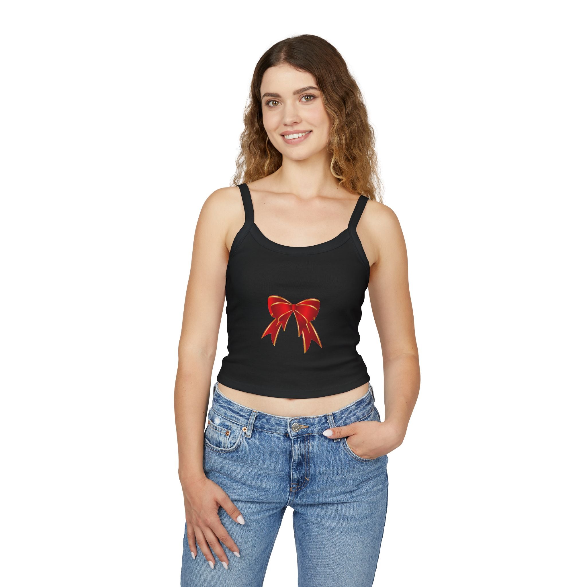 Spaghetti Tank Top — Red Holiday Bow Crop Top
