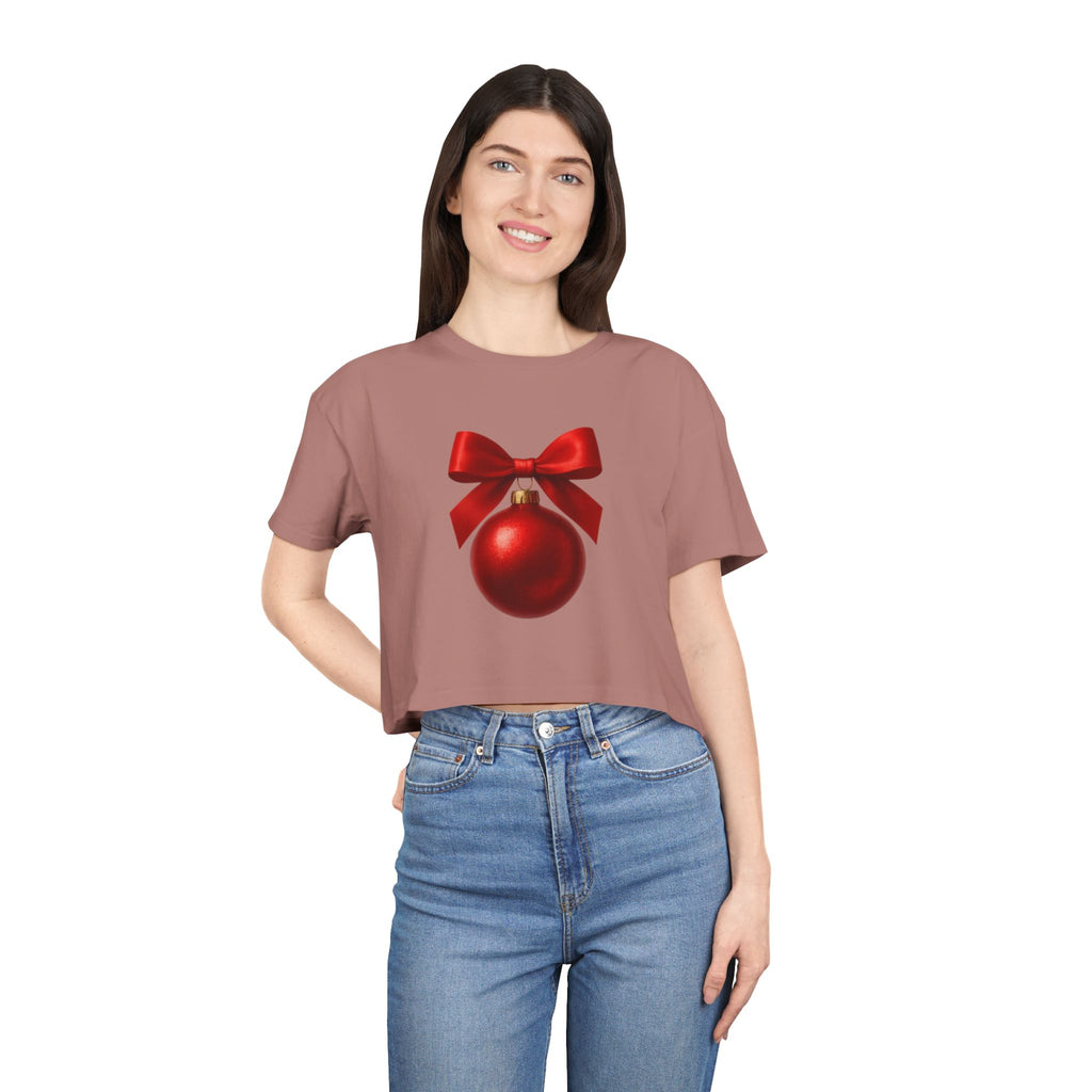 Christmas Ornament Crop Tee — Red Bow Holiday Graphic Top