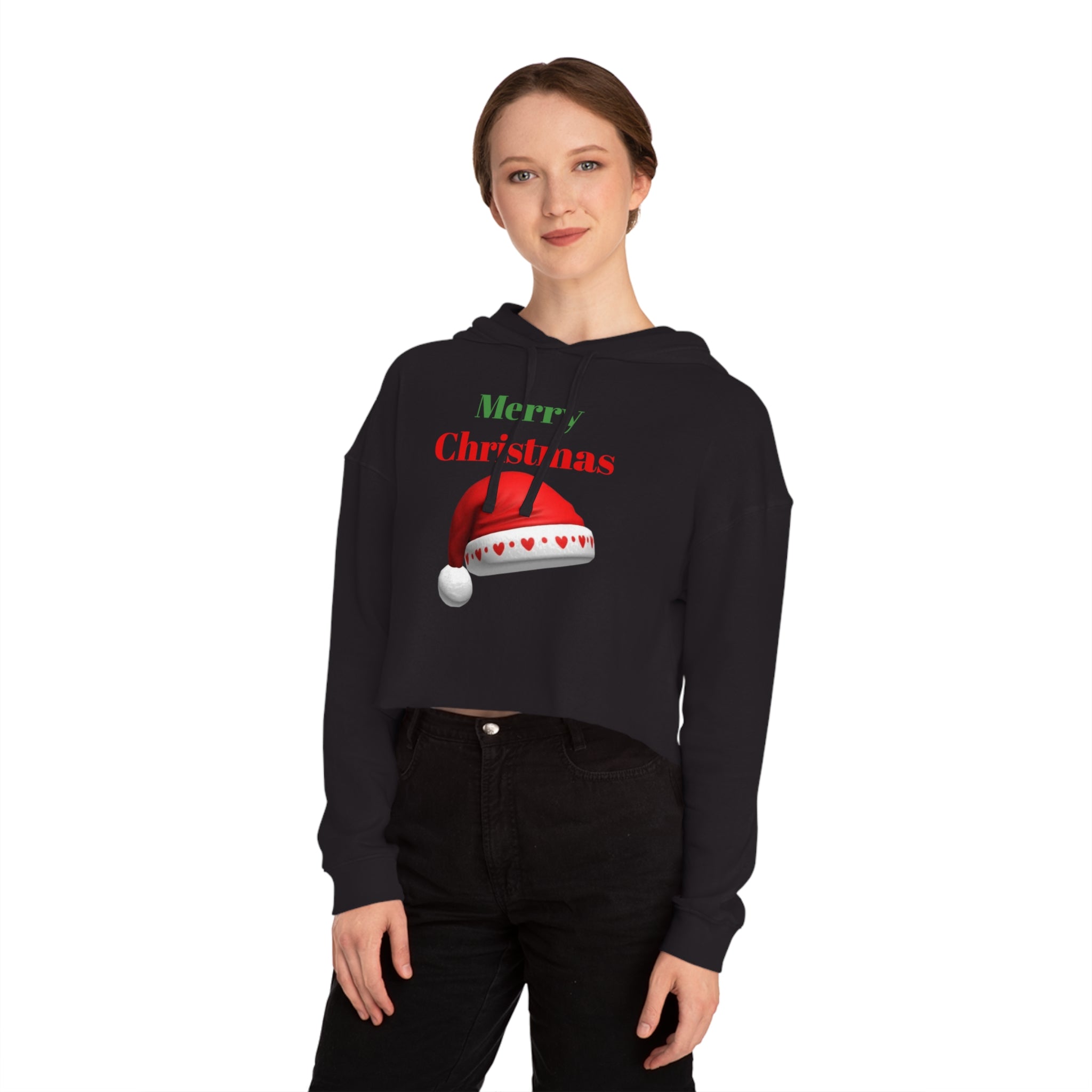 Merry Christmas Cropped Hoodie — Festive Santa Hat Holiday Sweatshirt for Women