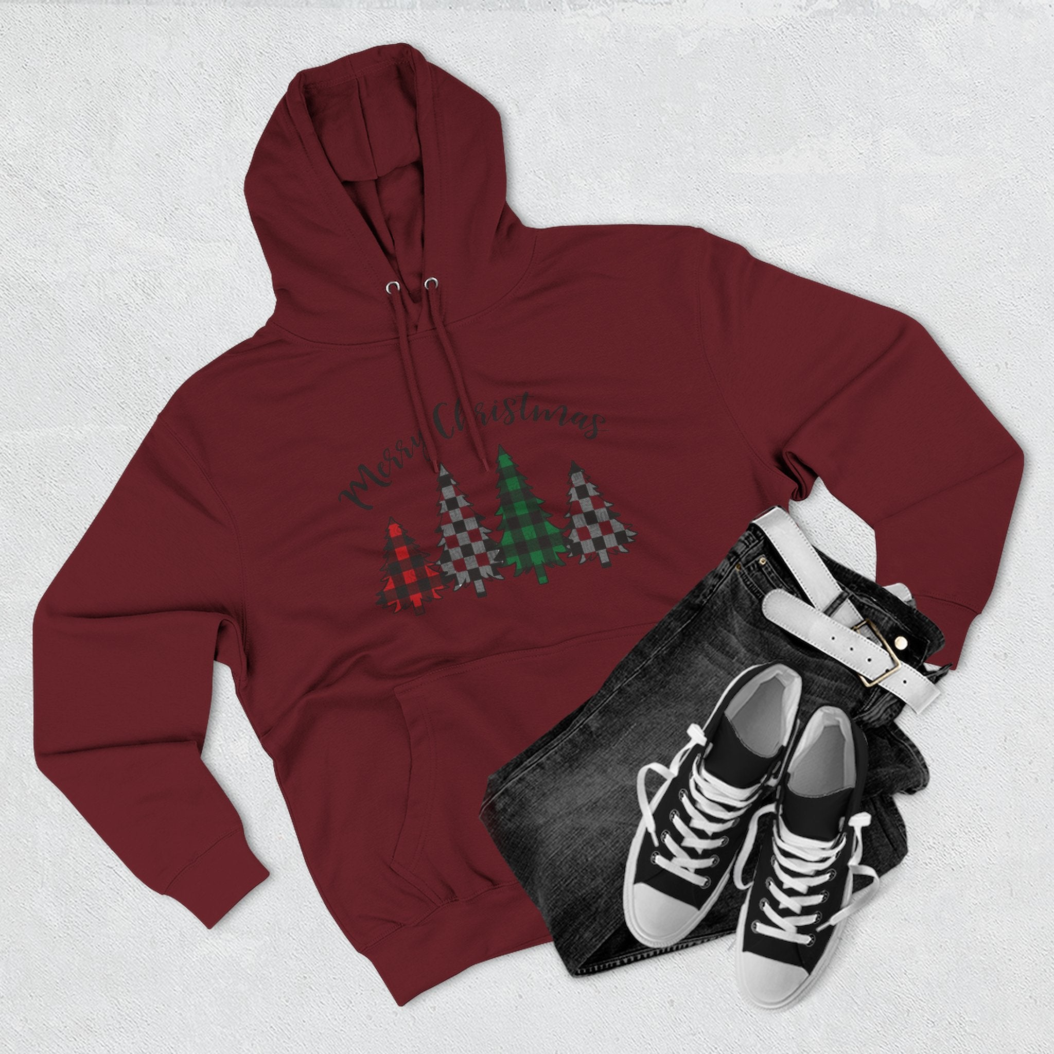 Merry & Bright Christmas Trees Hoodie — Minimal Holiday Fleece Pullover