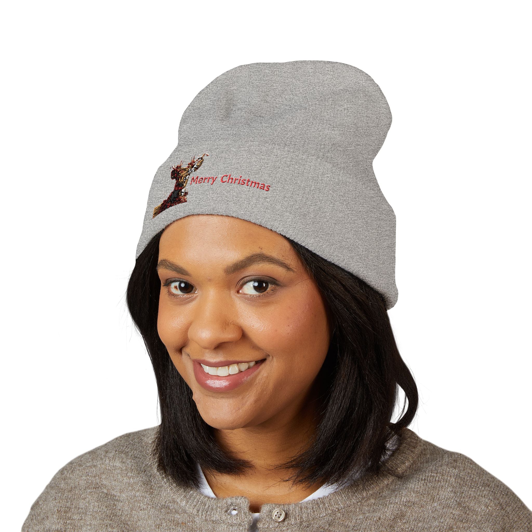 Embroidered Reindeer 'Merry Christmas' Cuffed Beanie