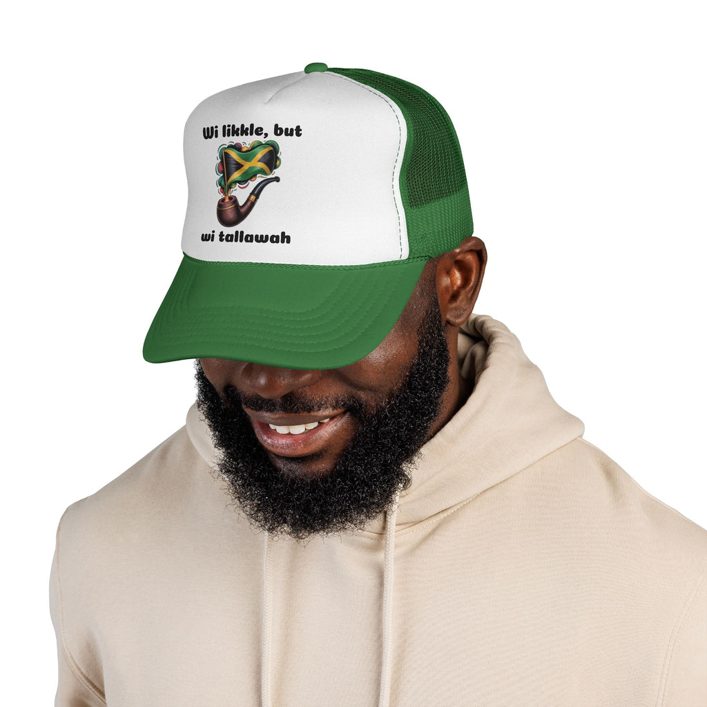 Trucker Cap — 'Wi likkle, but wi tallawah' Jamaican Flag Heart Design