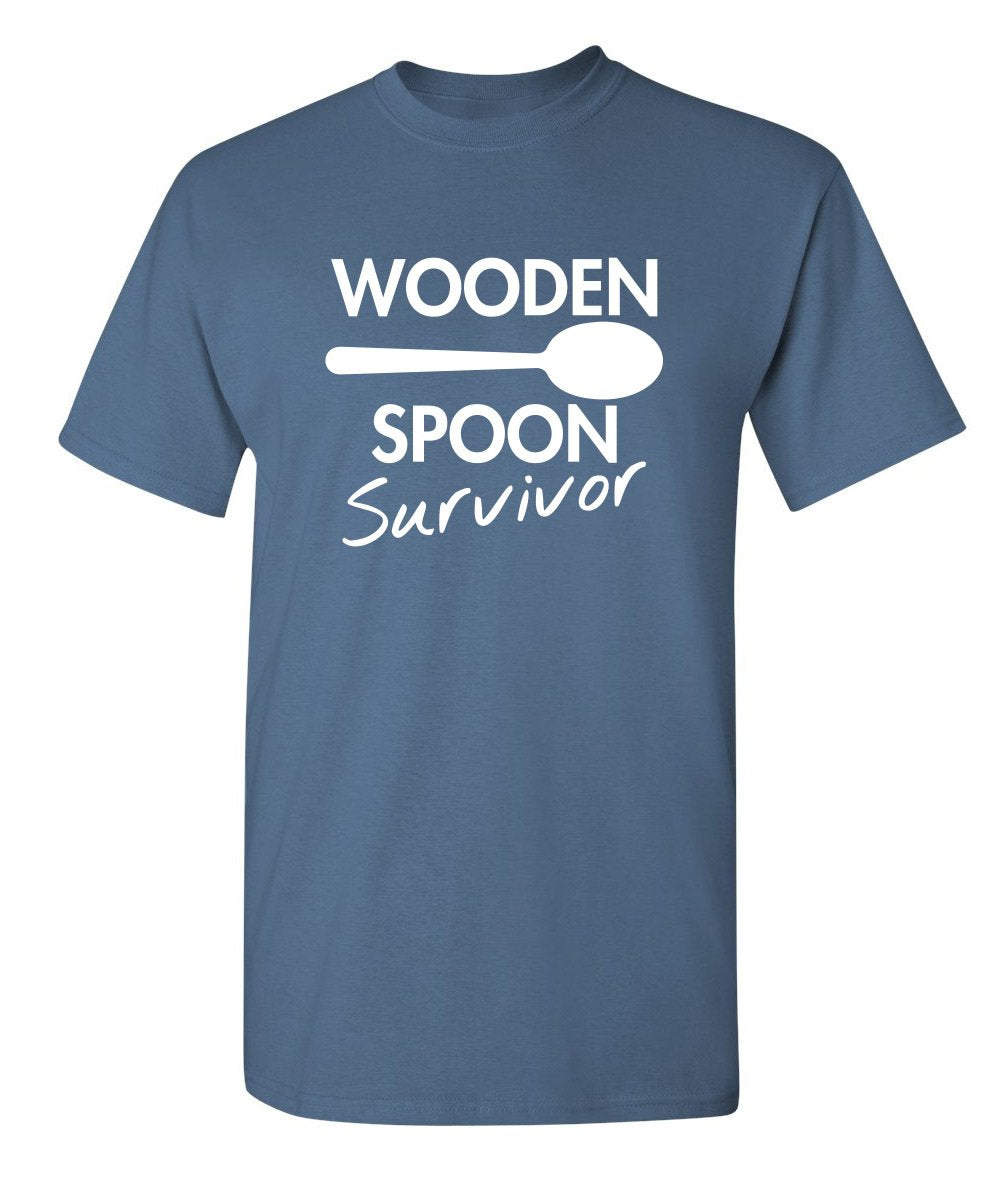 Wooden Spoon Survivor Funny Humor Tee | Mens T-Shirts Casual Style | Bold Mens Graphic Novelty Sarcastic T-Shirts