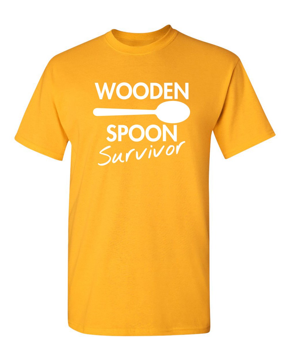 Wooden Spoon Survivor Funny Humor Tee | Mens T-Shirts Casual Style | Bold Mens Graphic Novelty Sarcastic T-Shirts