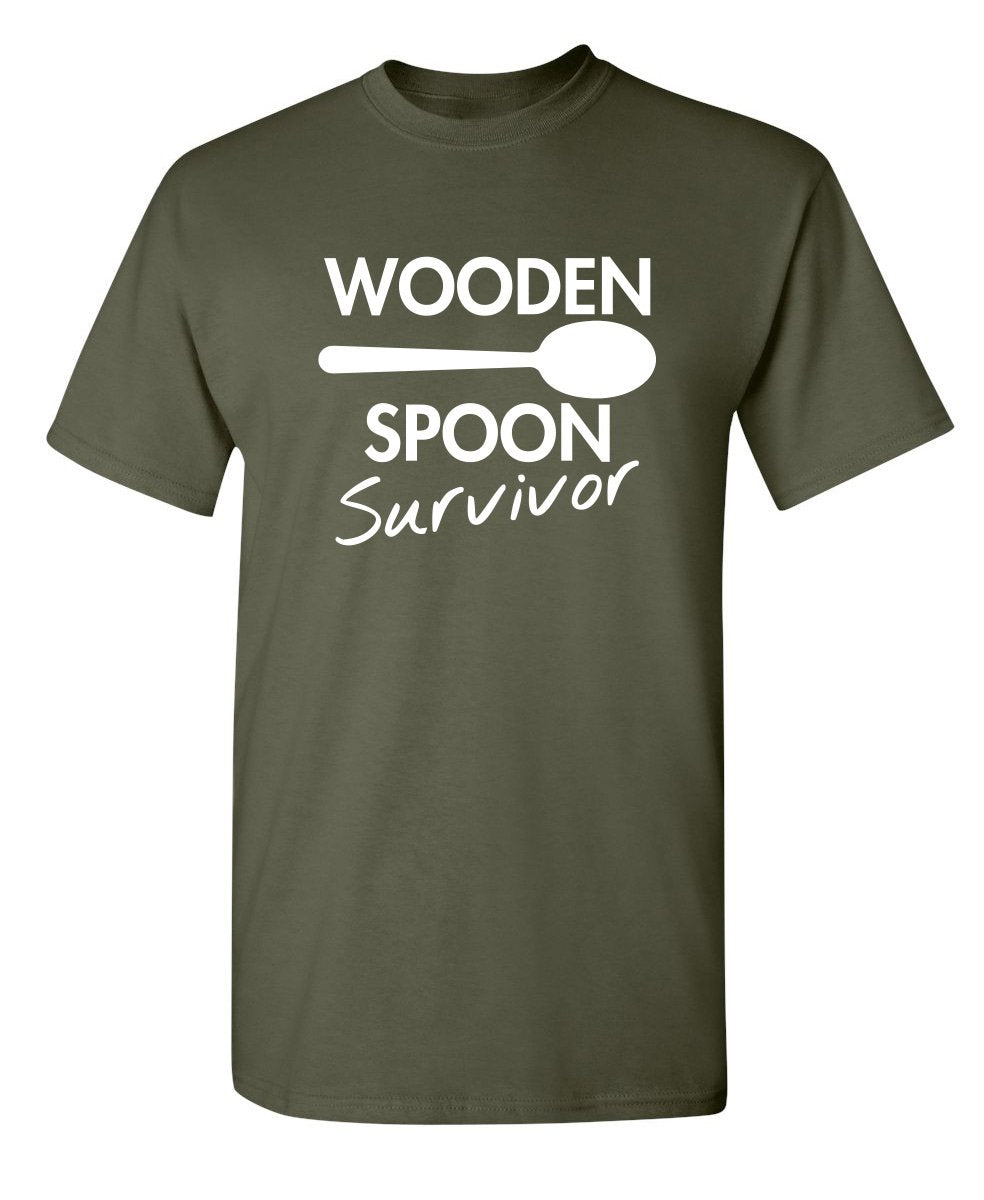 Wooden Spoon Survivor Funny Humor Tee | Mens T-Shirts Casual Style | Bold Mens Graphic Novelty Sarcastic T-Shirts