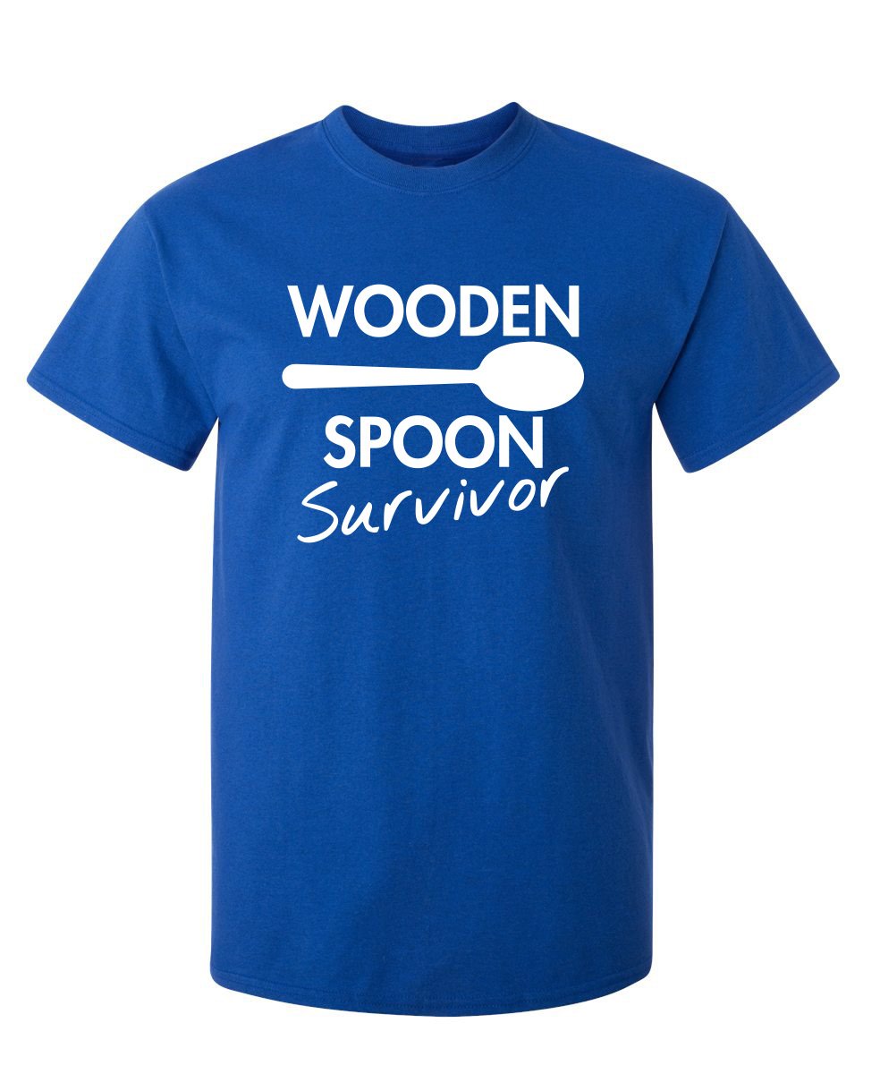Wooden Spoon Survivor Funny Humor Tee | Mens T-Shirts Casual Style | Bold Mens Graphic Novelty Sarcastic T-Shirts