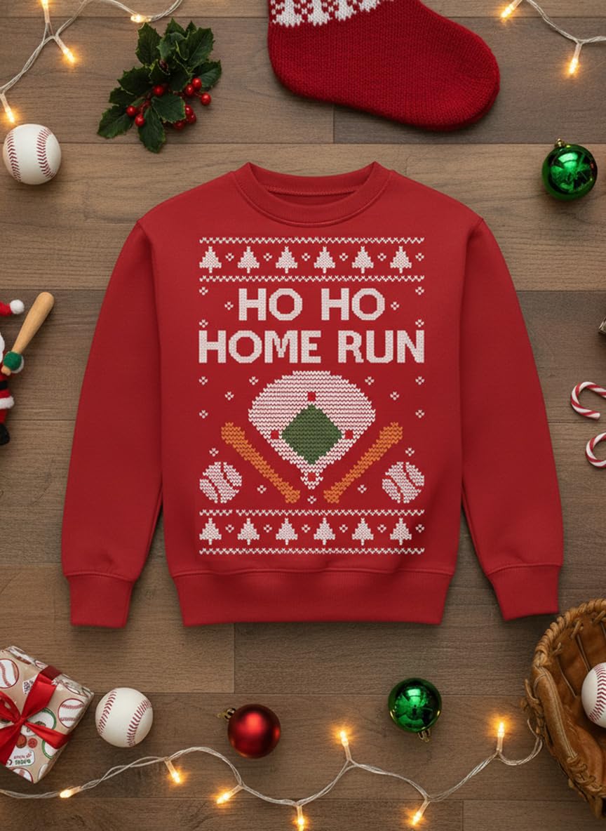 Tstars Ho Ho Home Run Baseball Christmas Sweatshirt - Youth Holiday Pullover for Kids Gift Party School Winter Outfit