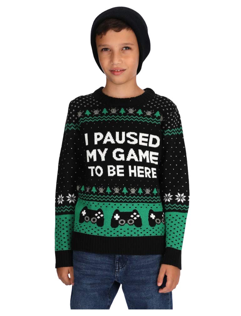 Tstars I Paused My Game to Be Here Kids Christmas Sweater - Funny Gamer Holiday Sweatshirt for Boys & Youth Gamers