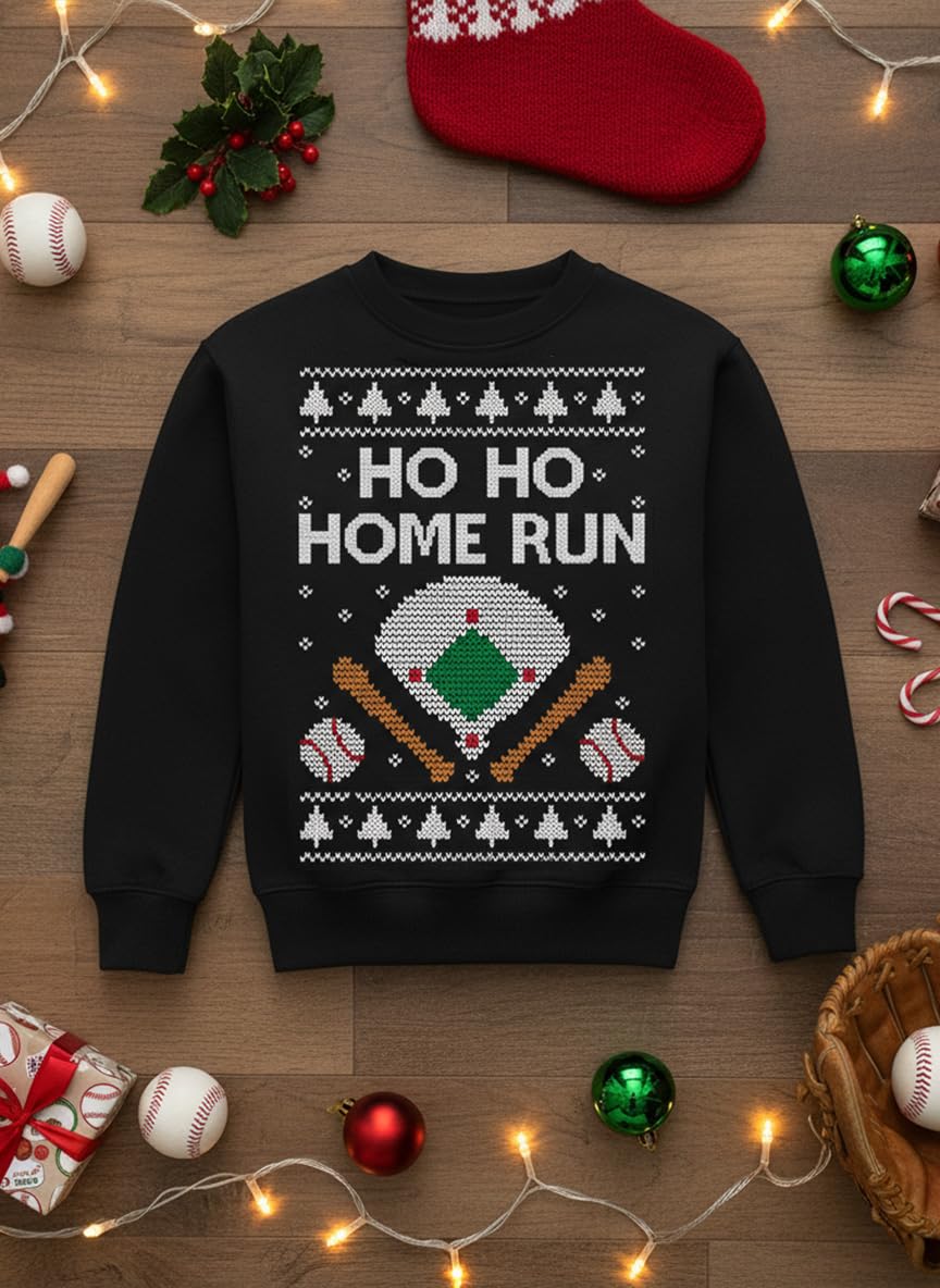 Tstars Ho Ho Home Run Baseball Christmas Sweatshirt - Youth Holiday Pullover for Kids Gift Party School Winter Outfit