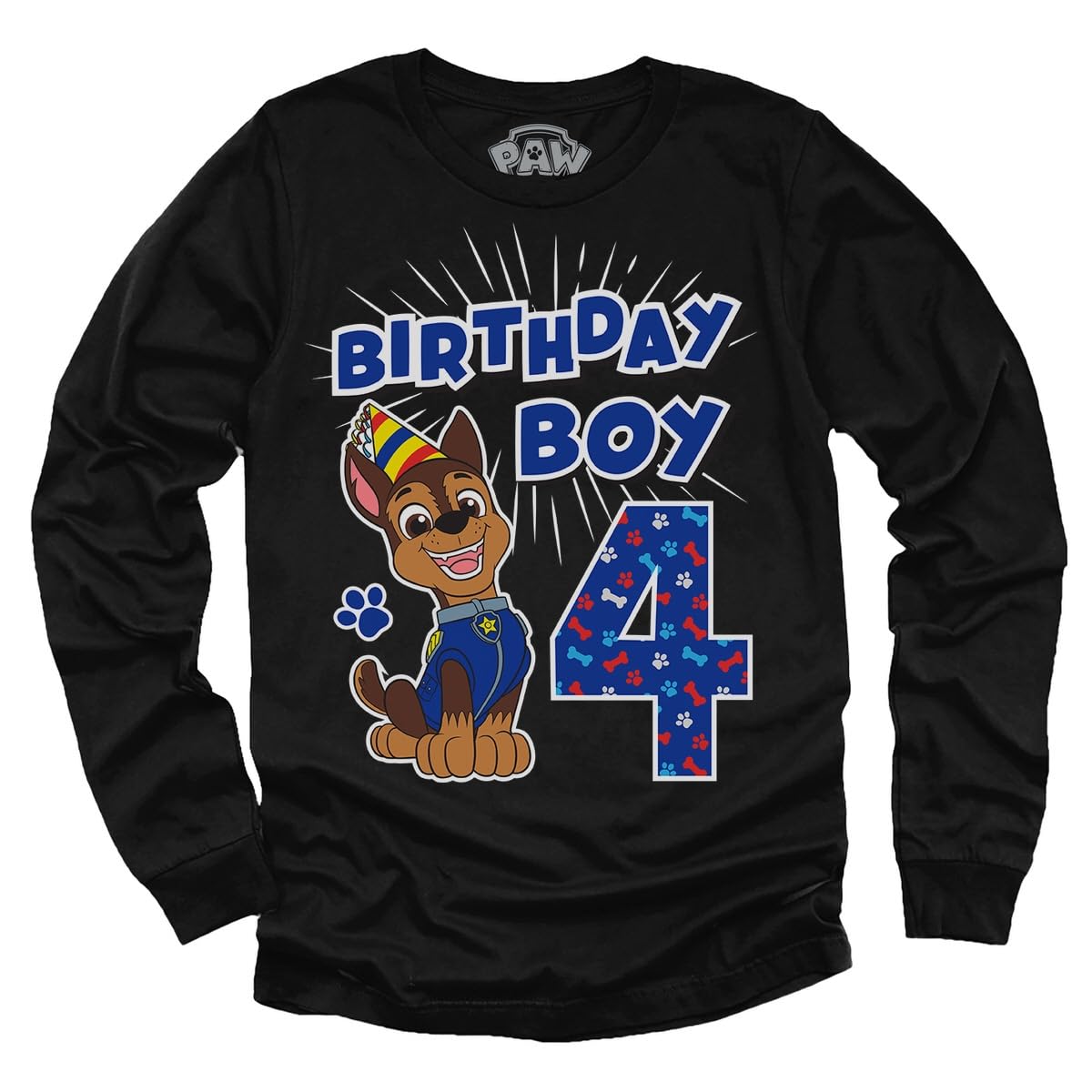 Paw Patrol Pup Chase 4th Birthday Long Sleeve Shirt for Toddler Boys - Party Outfit & Gift Idea for 4 Year Old