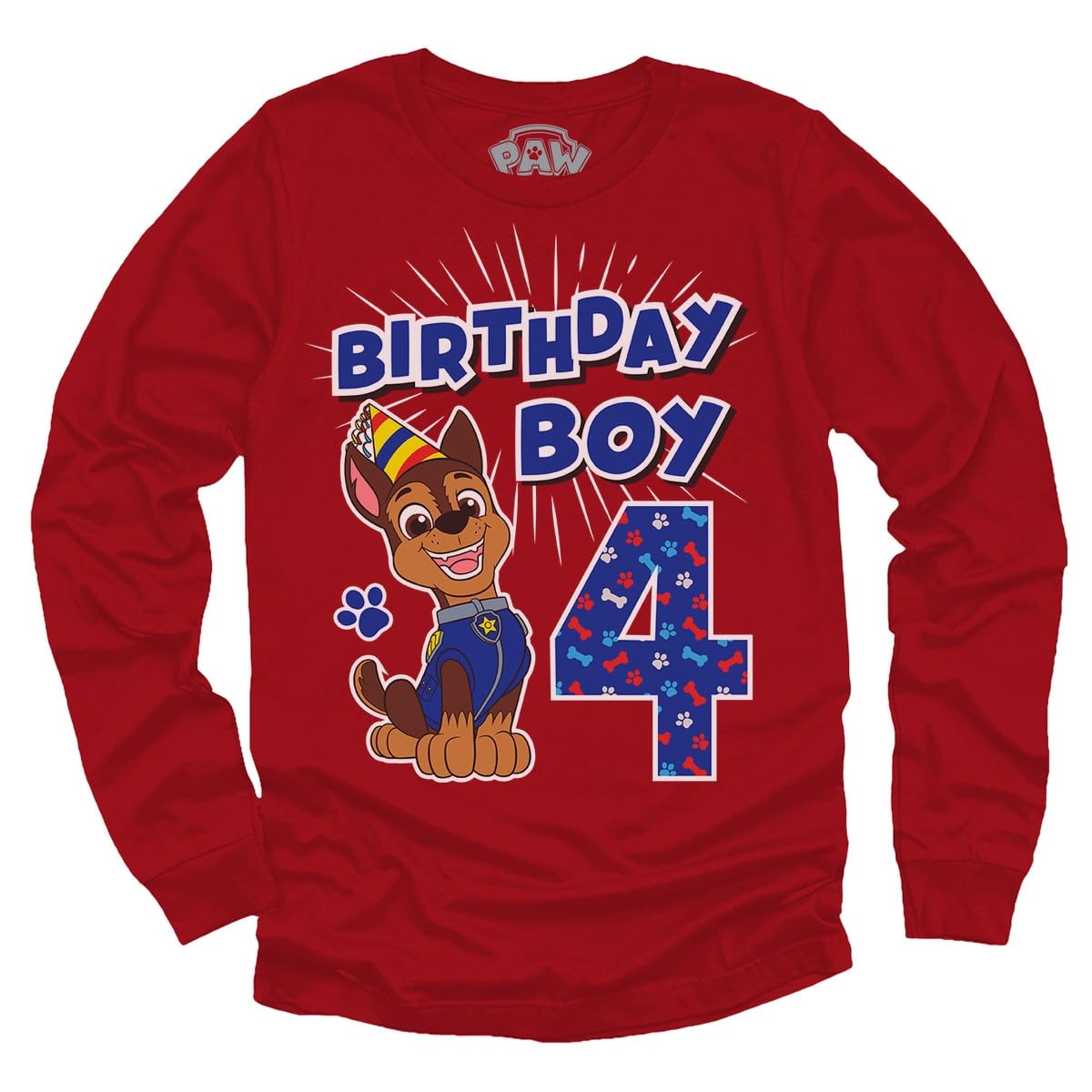 Paw Patrol Pup Chase 4th Birthday Long Sleeve Shirt for Toddler Boys - Party Outfit & Gift Idea for 4 Year Old