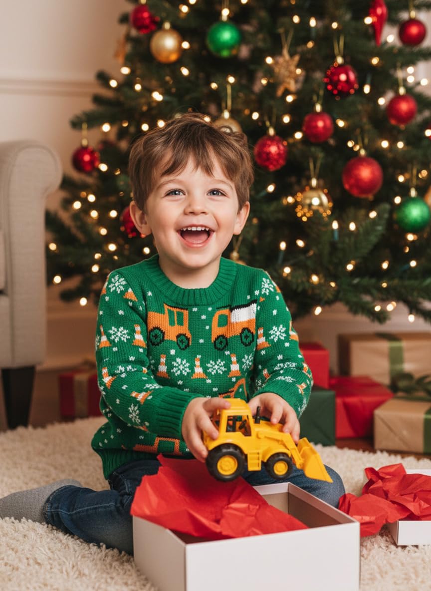 Tstars Construction Trucks Christmas Sweater - Holiday Pullover for Toddler Boys & Kids with Tractors & Bulldozers