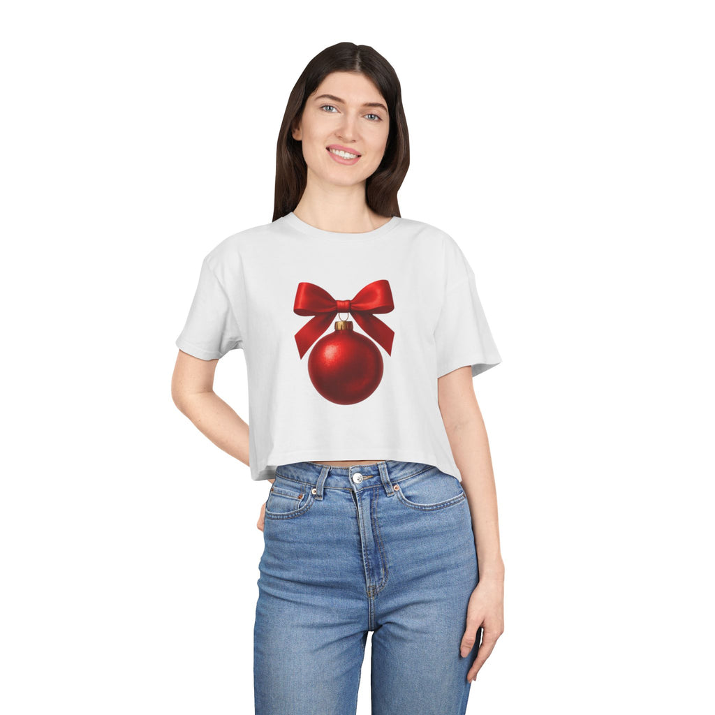 Christmas Ornament Crop Tee — Red Bow Holiday Graphic Top