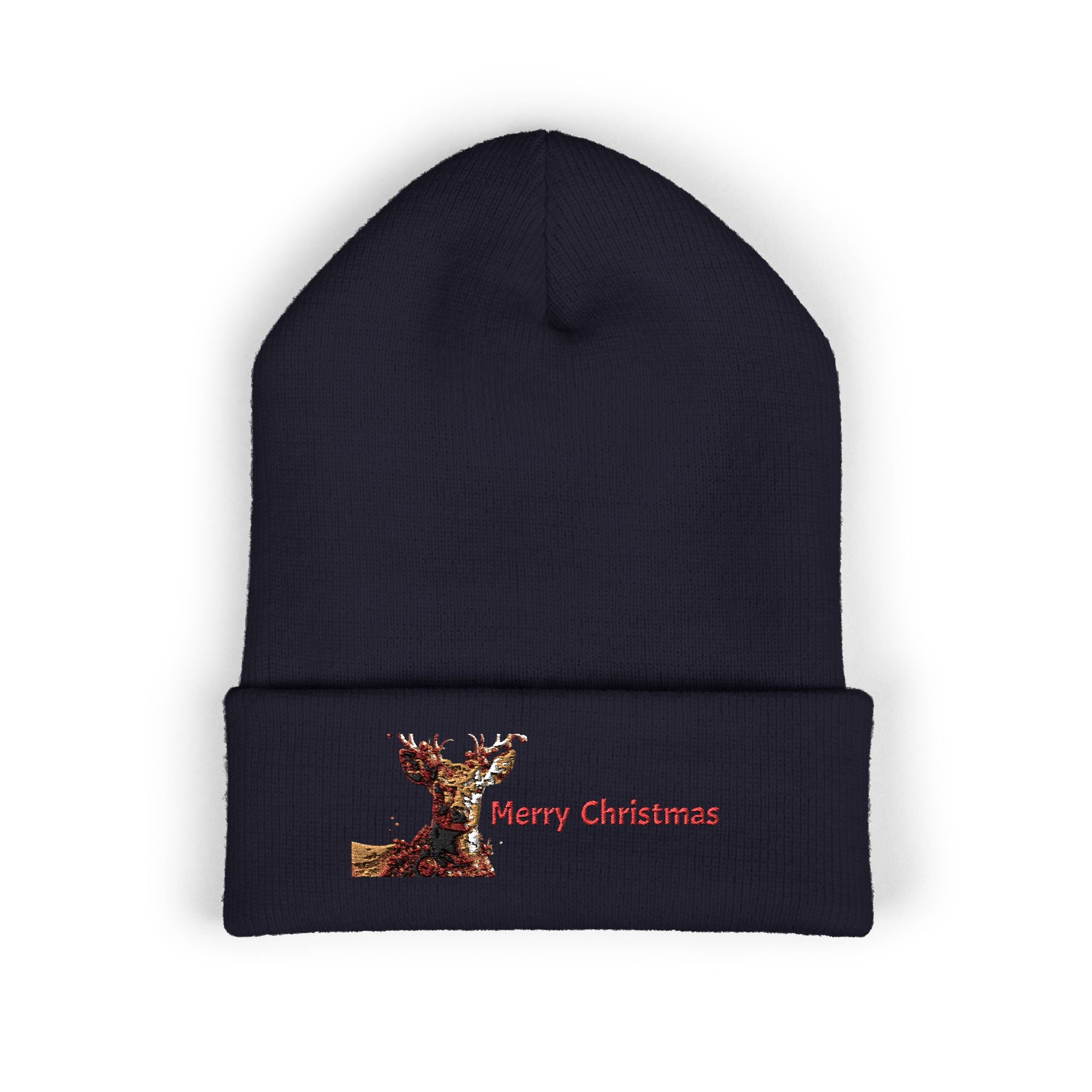 Embroidered Reindeer 'Merry Christmas' Cuffed Beanie