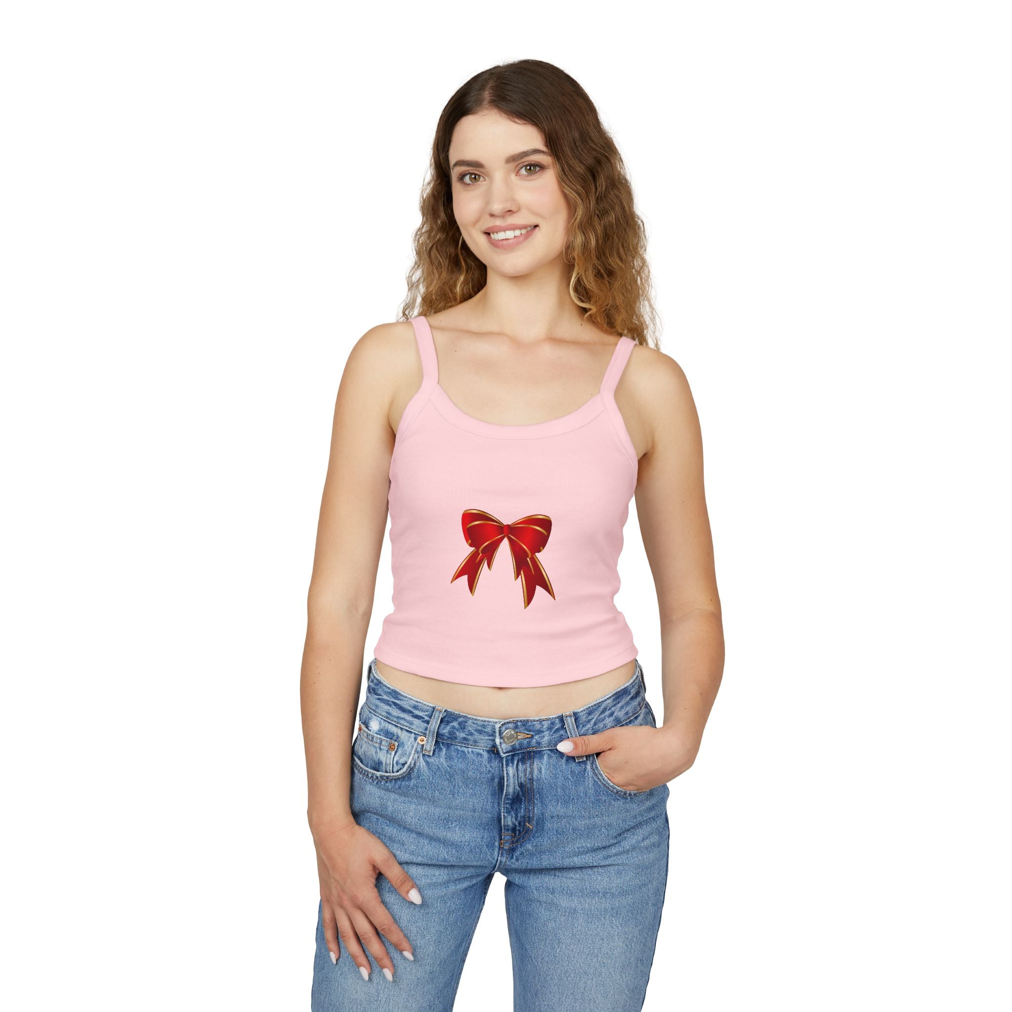 Spaghetti Tank Top — Red Holiday Bow Crop Top