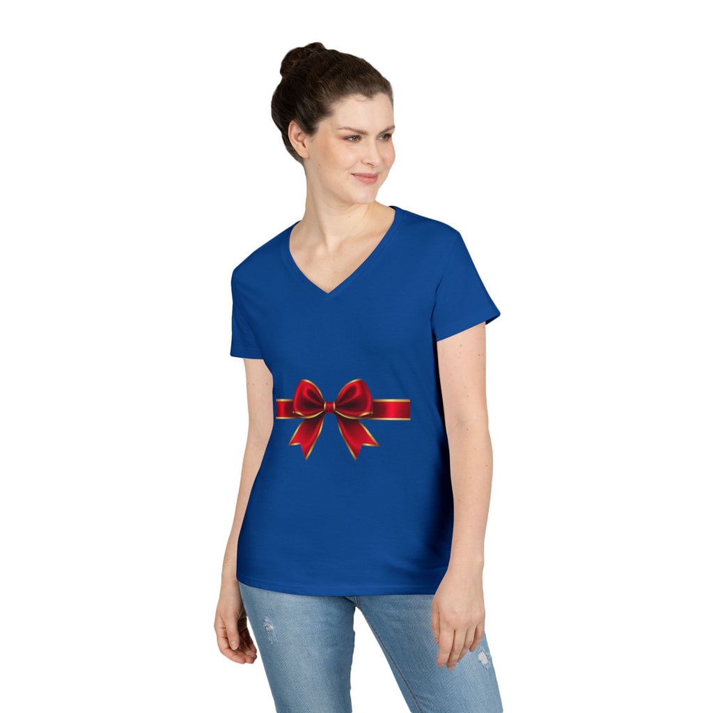 Women's V-Neck T-Shirt with Red Ribbon Bow Graphic — Gift-Ready Holiday Tee