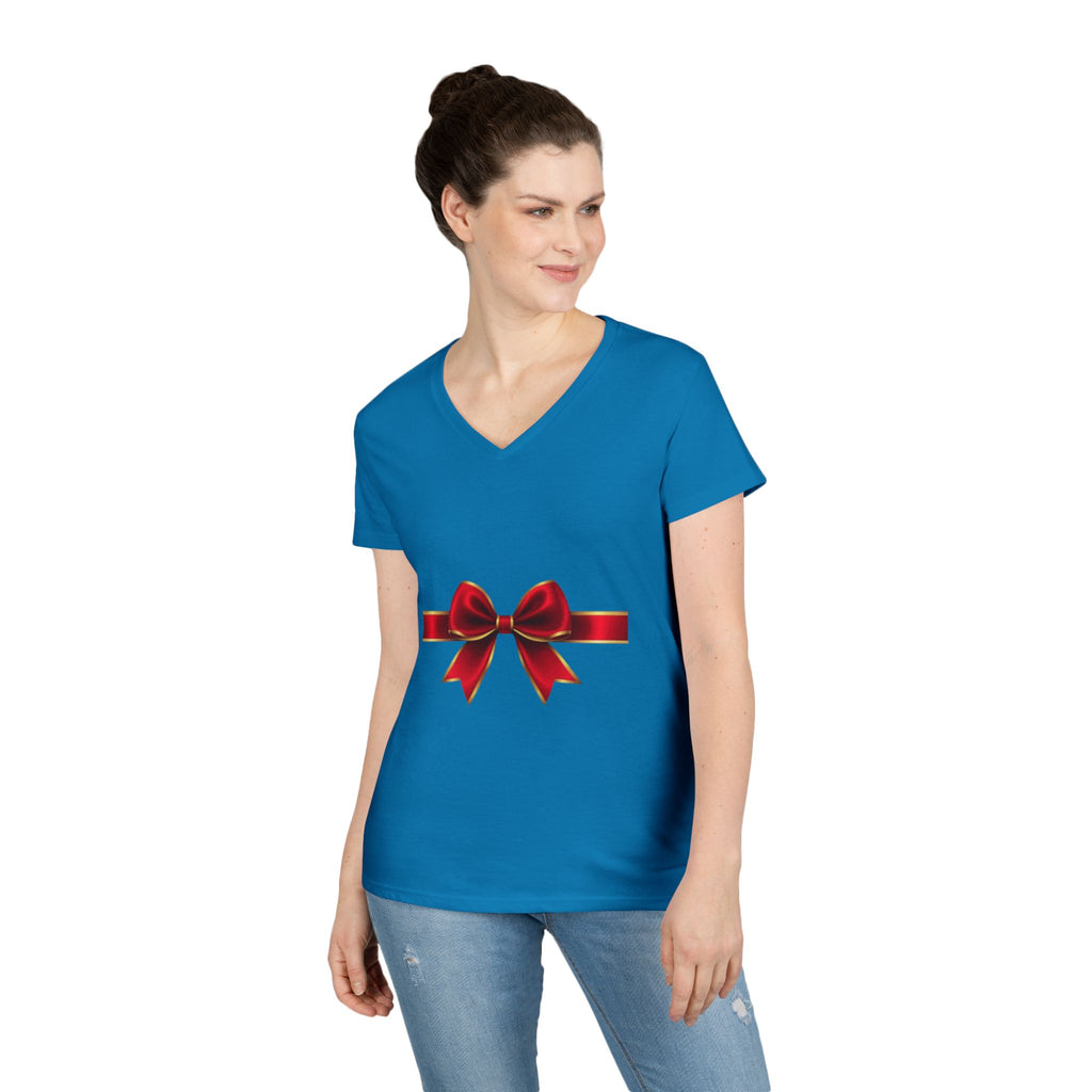 Women's V-Neck T-Shirt with Red Ribbon Bow Graphic — Gift-Ready Holiday Tee