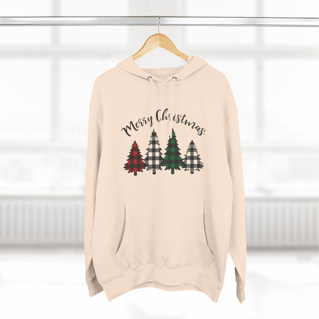 Merry & Bright Christmas Trees Hoodie — Minimal Holiday Fleece Pullover