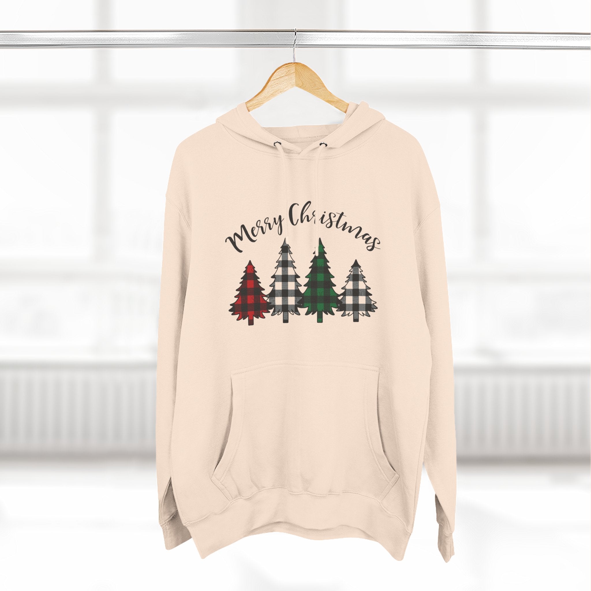 Merry & Bright Christmas Trees Hoodie — Minimal Holiday Fleece Pullover
