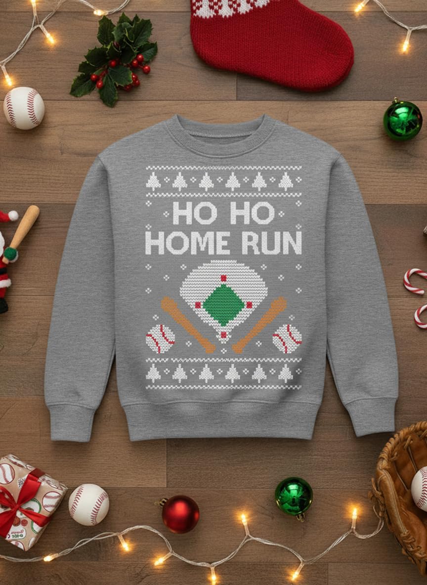Tstars Ho Ho Home Run Baseball Christmas Sweatshirt - Youth Holiday Pullover for Kids Gift Party School Winter Outfit