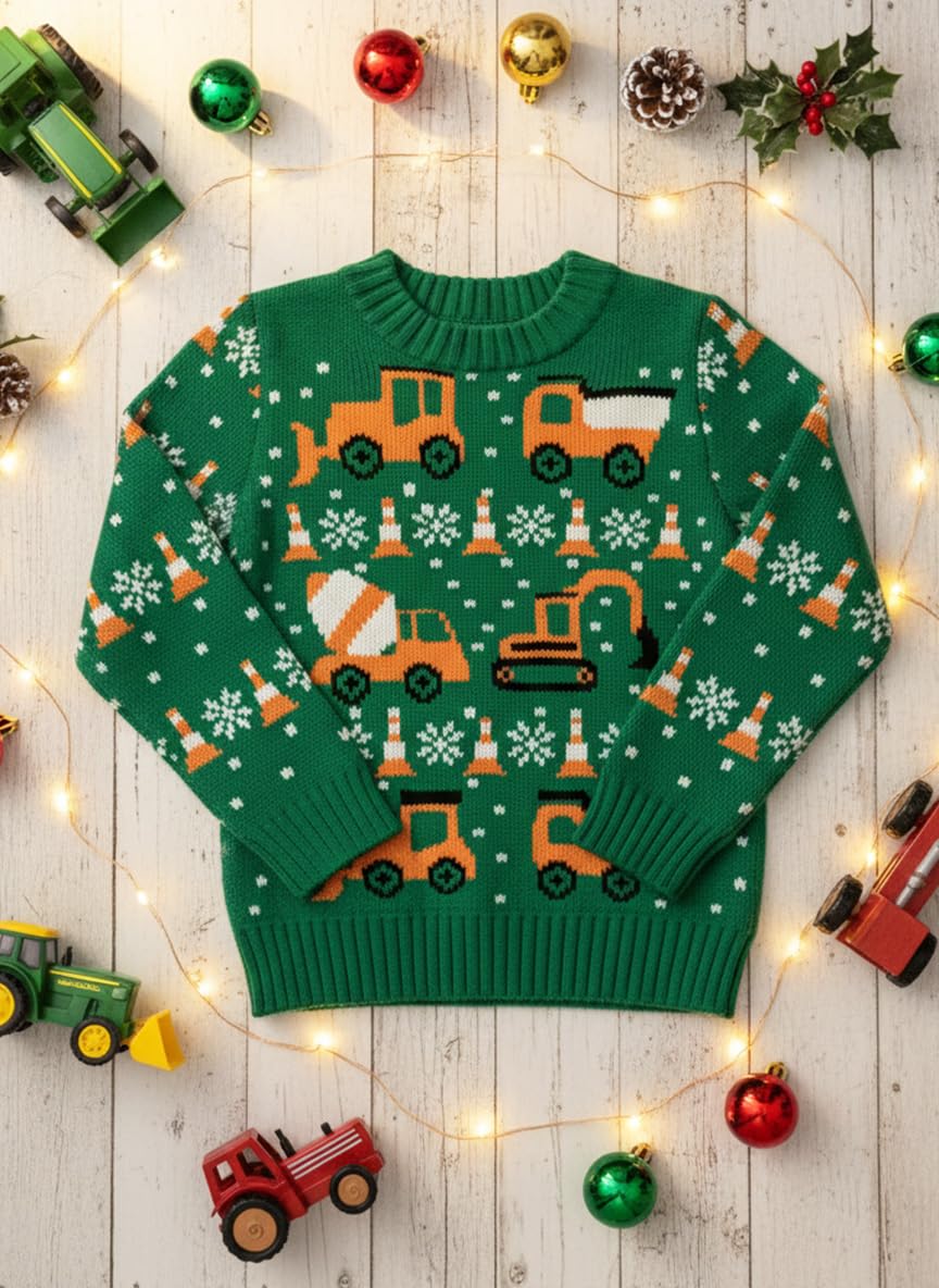 Tstars Construction Trucks Christmas Sweater - Holiday Pullover for Toddler Boys & Kids with Tractors & Bulldozers