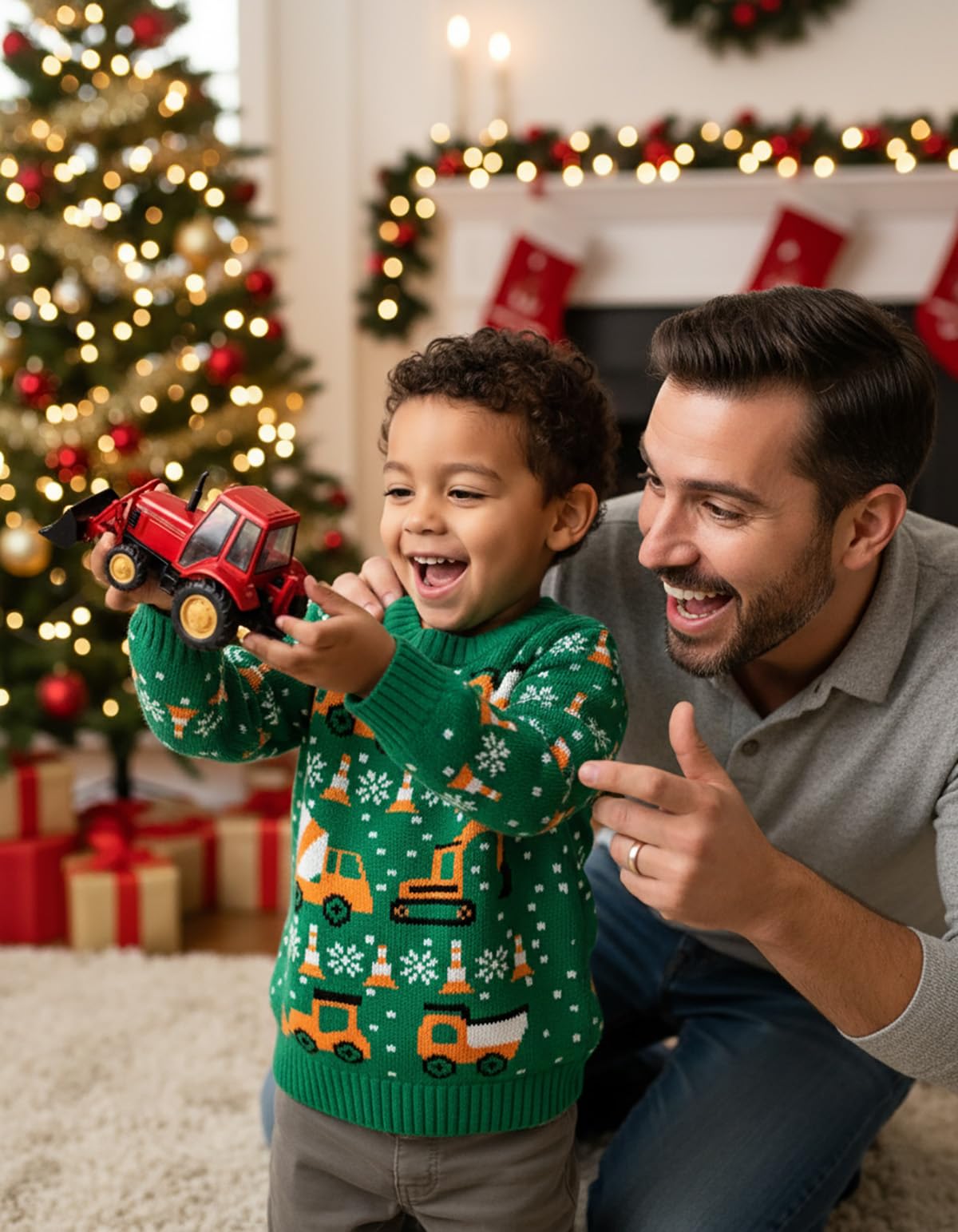 Tstars Construction Trucks Christmas Sweater - Holiday Pullover for Toddler Boys & Kids with Tractors & Bulldozers