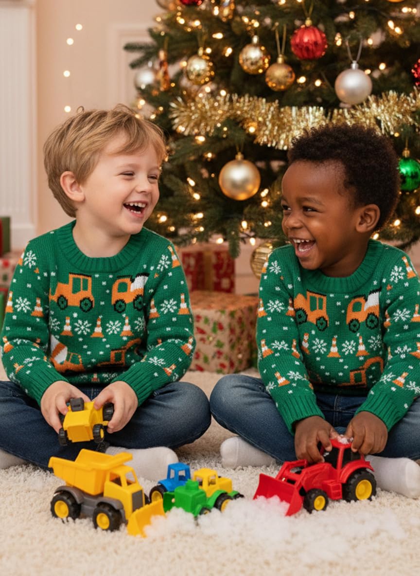Tstars Construction Trucks Christmas Sweater - Holiday Pullover for Toddler Boys & Kids with Tractors & Bulldozers