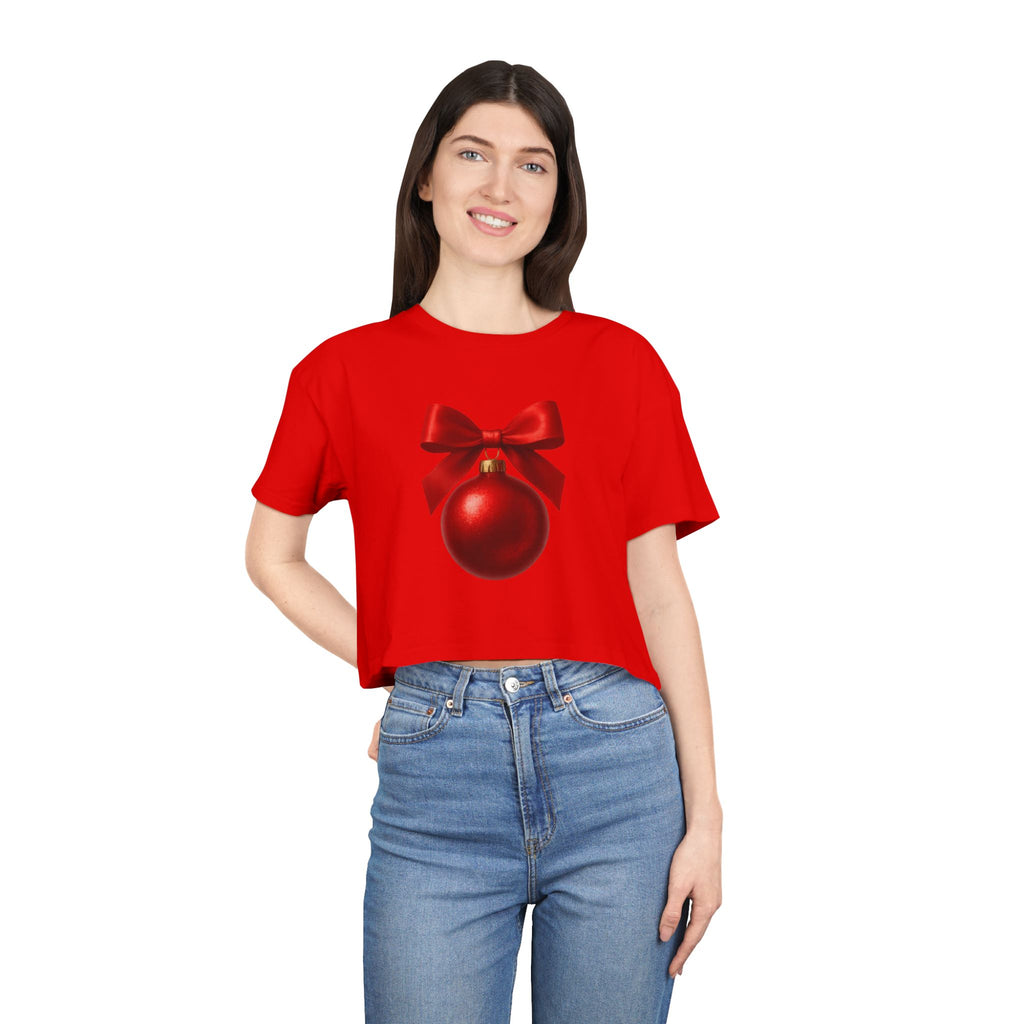 Christmas Ornament Crop Tee — Red Bow Holiday Graphic Top