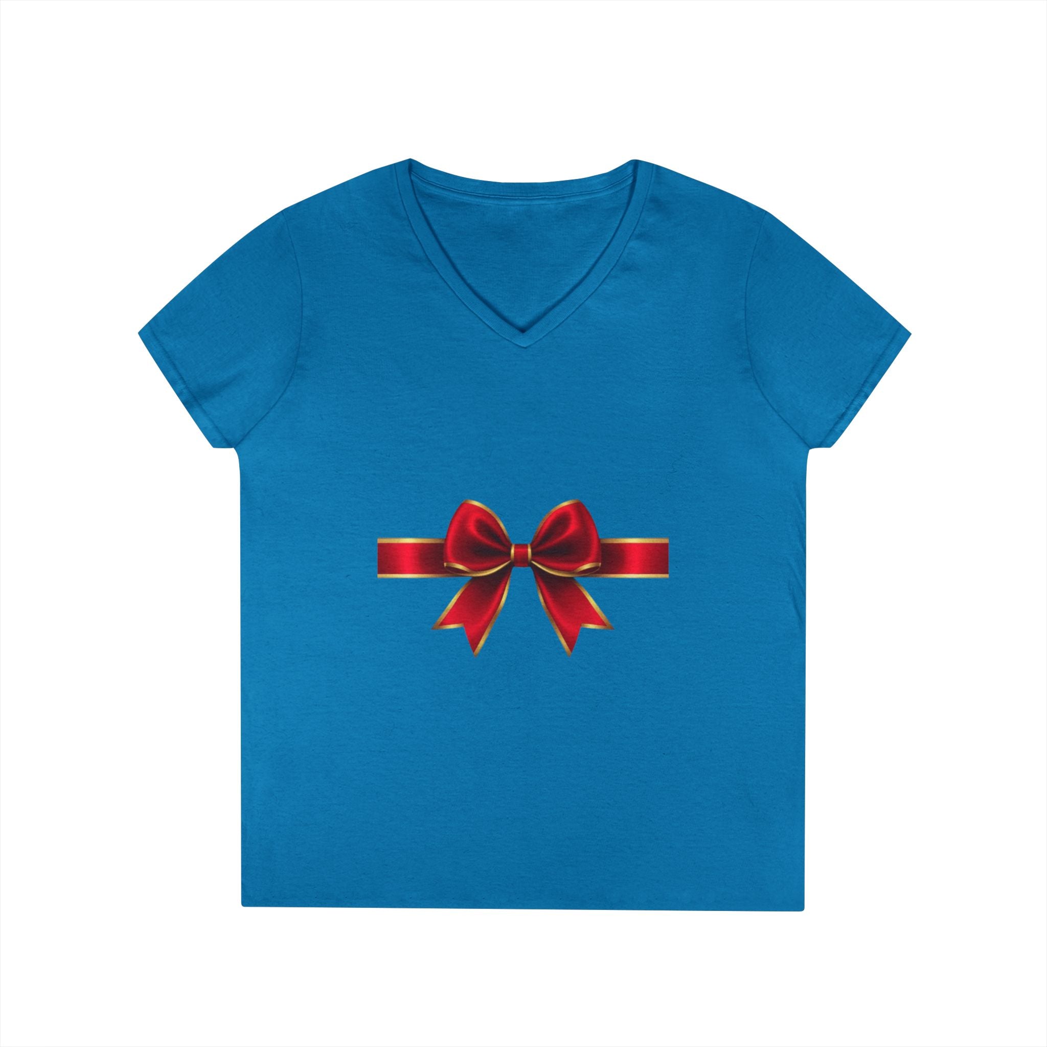 Women's V-Neck T-Shirt with Red Ribbon Bow Graphic — Gift-Ready Holiday Tee