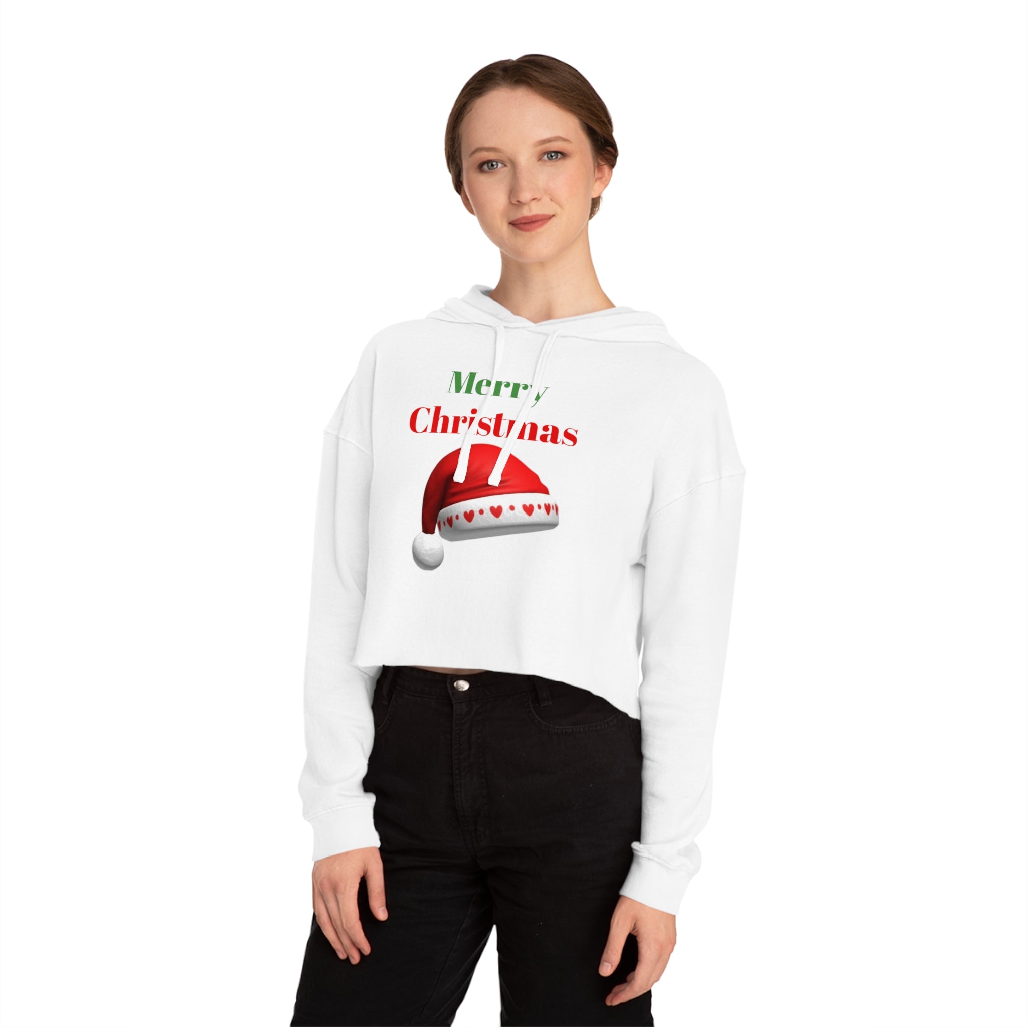 Merry Christmas Cropped Hoodie — Festive Santa Hat Holiday Sweatshirt for Women