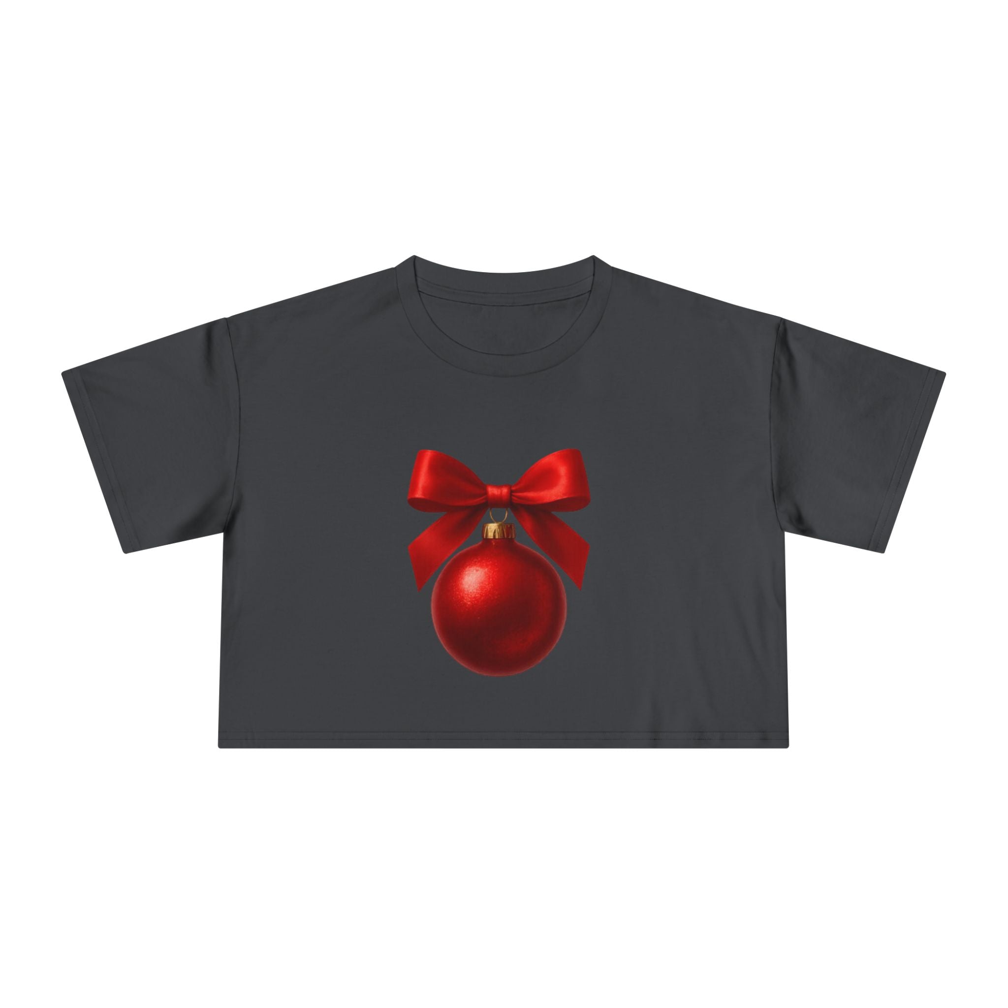Christmas Ornament Crop Tee — Red Bow Holiday Graphic Top