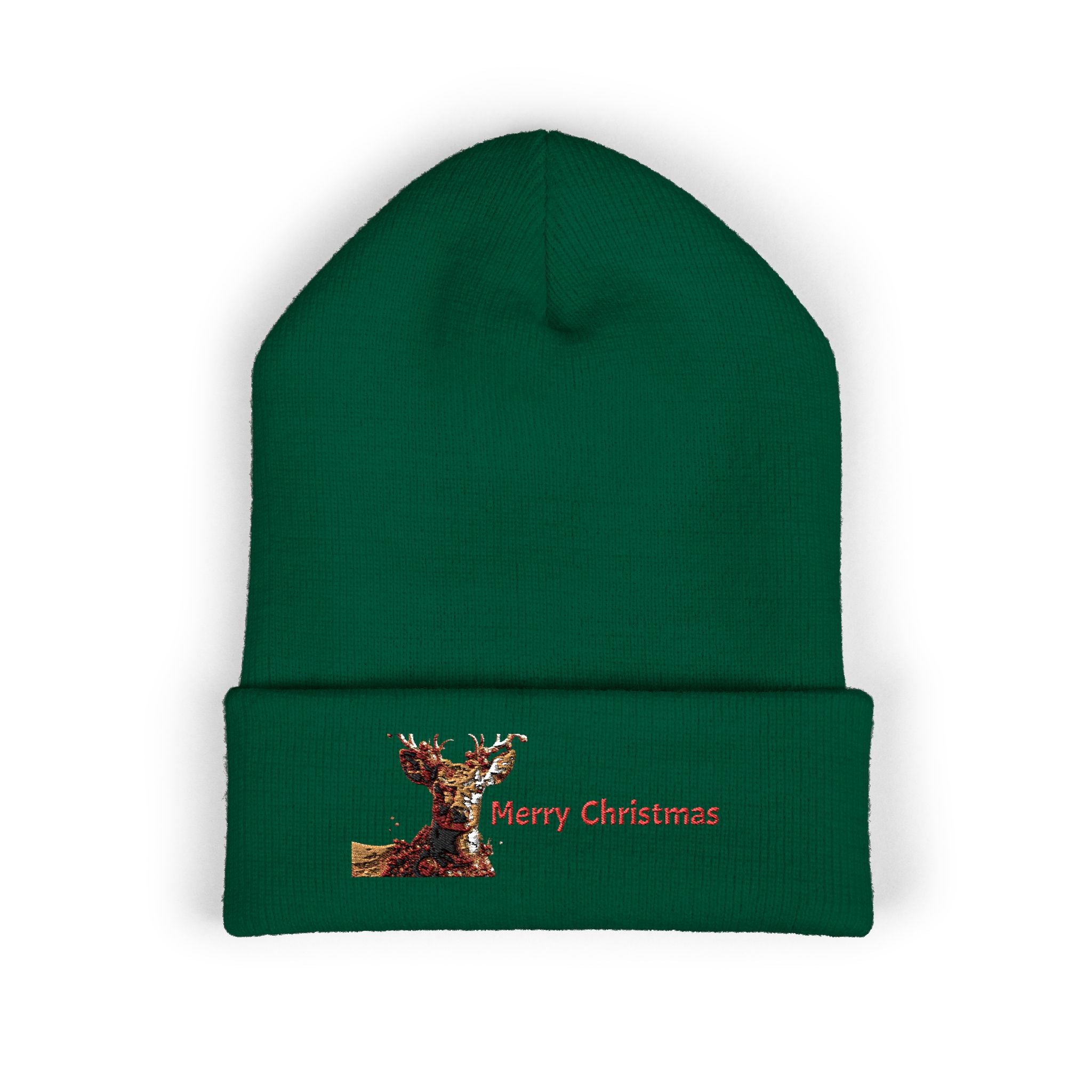Embroidered Reindeer 'Merry Christmas' Cuffed Beanie