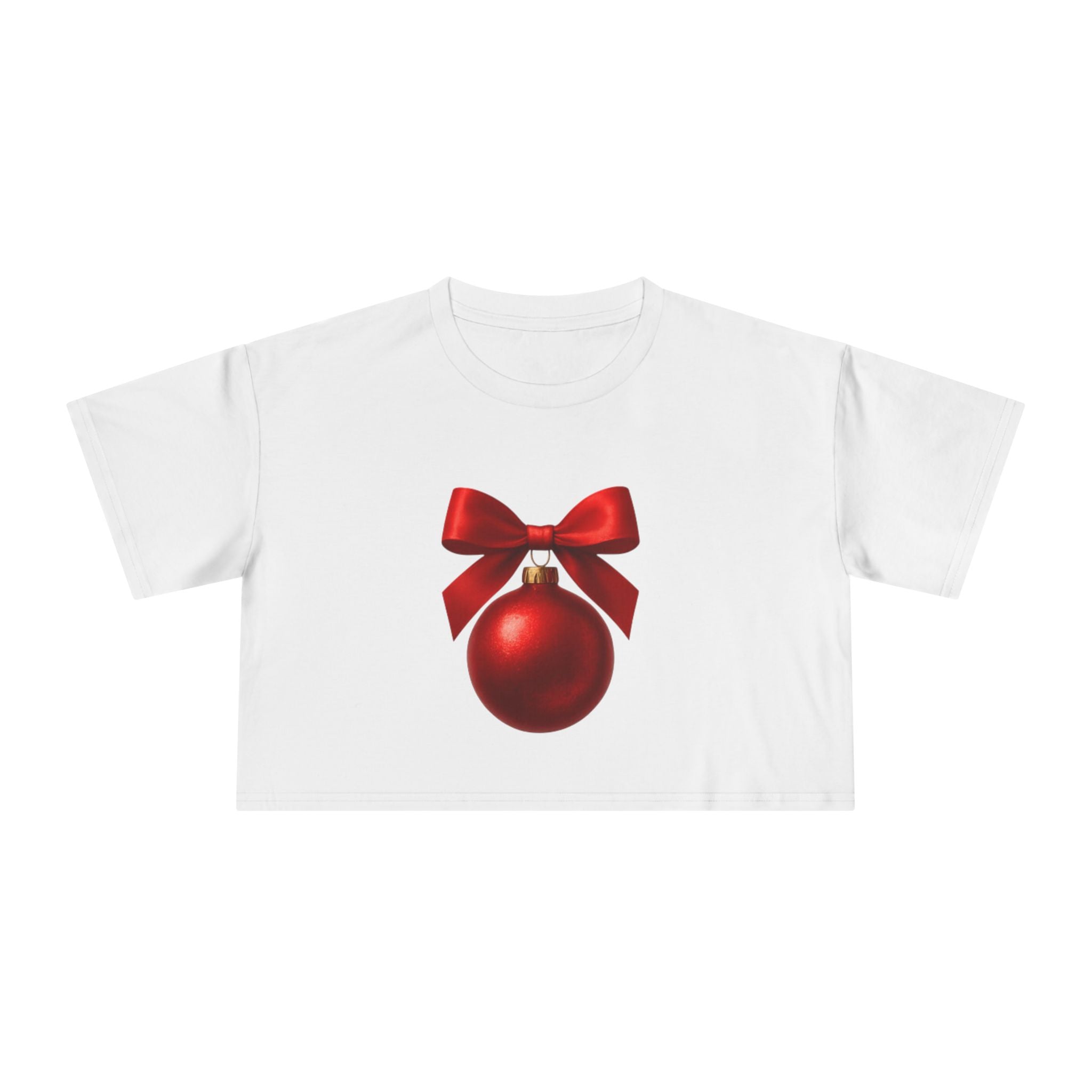 Christmas Ornament Crop Tee — Red Bow Holiday Graphic Top